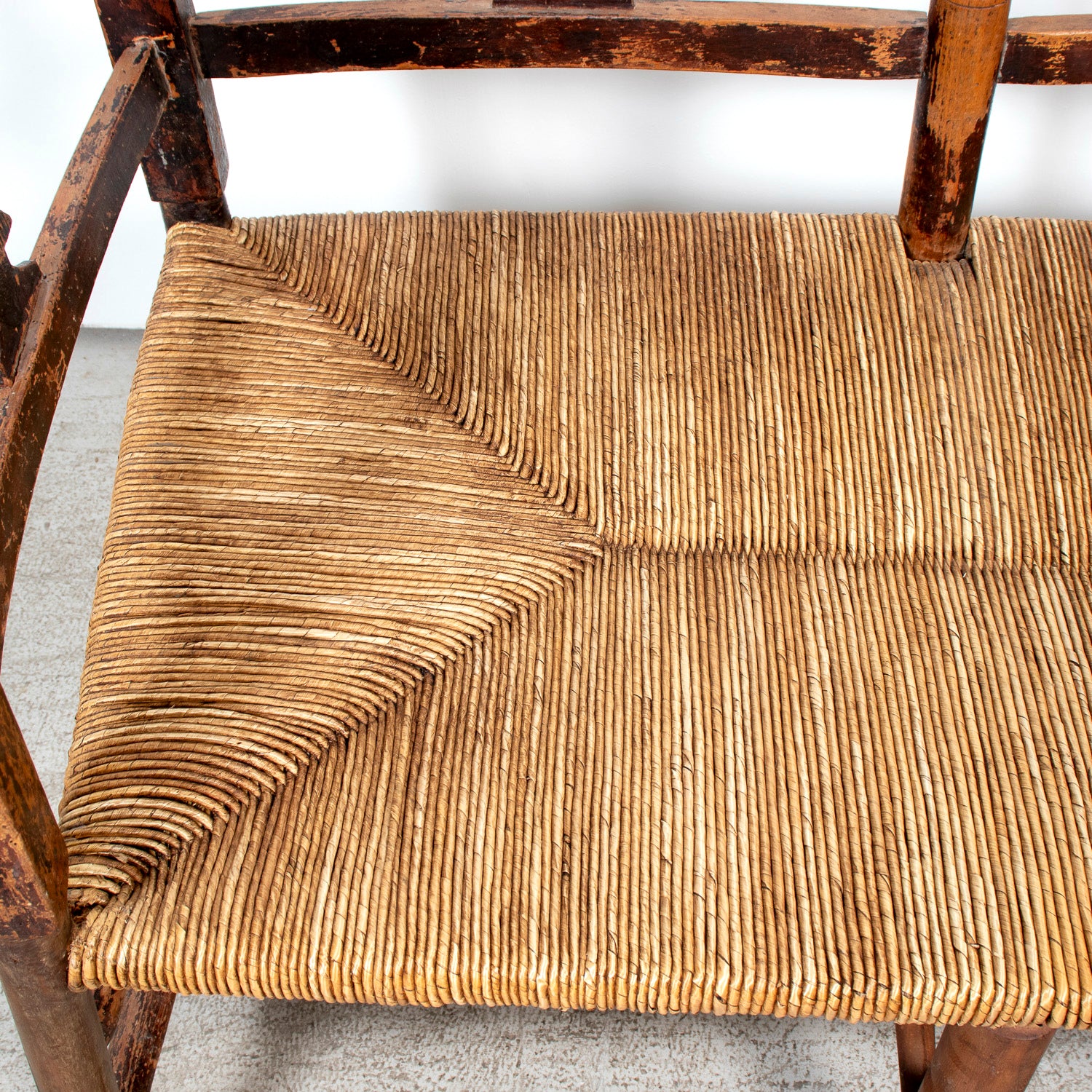 Late 18th Century French Directoire Period Carved Rush Seat Radassier Bench with Cushions