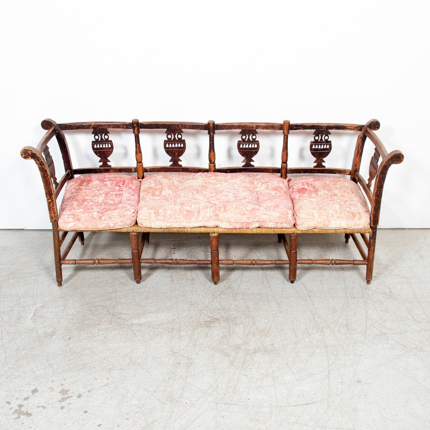 Late 18th Century French Directoire Period Carved Rush Seat Radassier Bench with Cushions