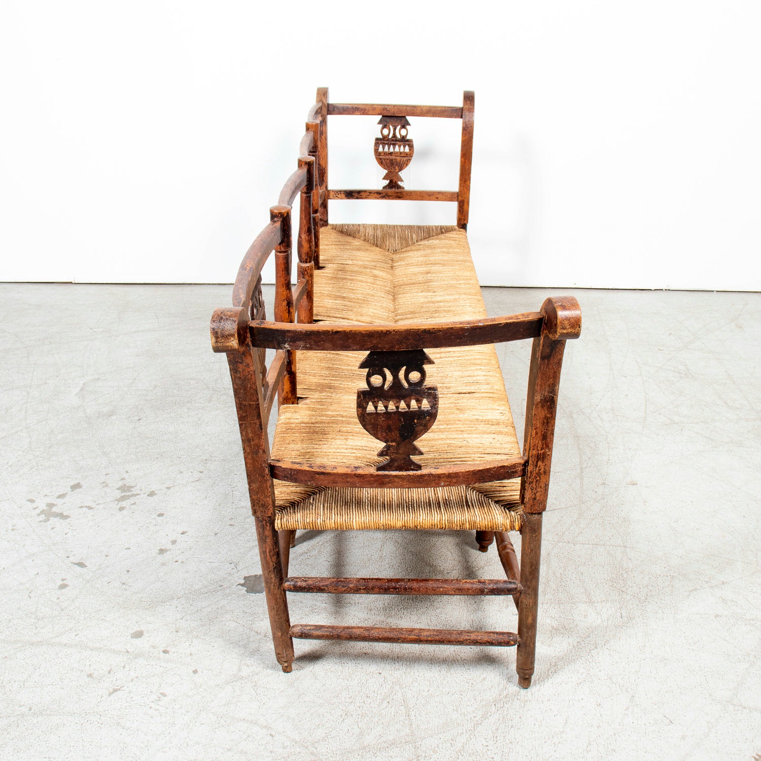 Late 18th Century French Directoire Period Carved Rush Seat Radassier Bench with Cushions