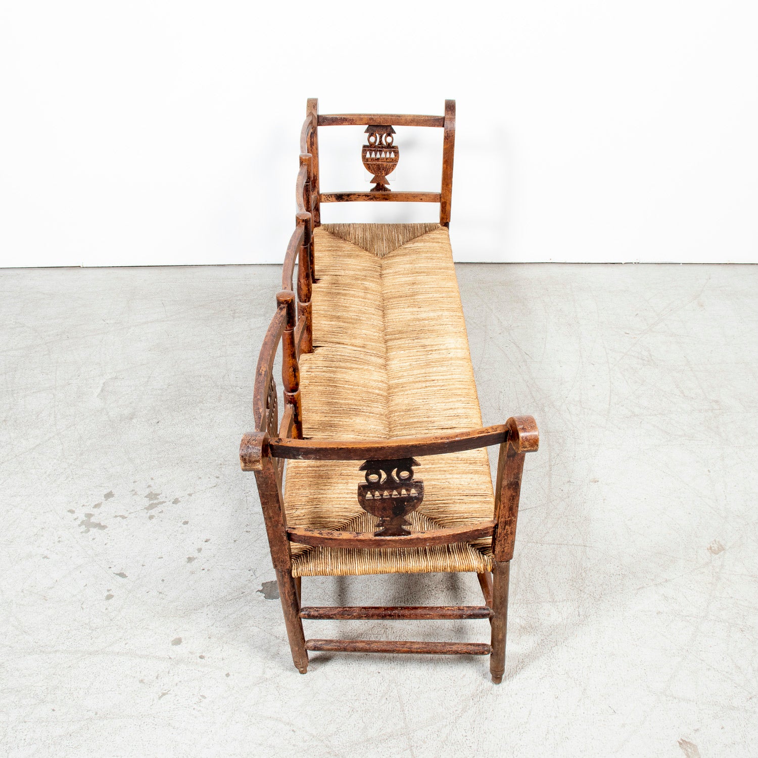 Late 18th Century French Directoire Period Carved Rush Seat Radassier Bench with Cushions