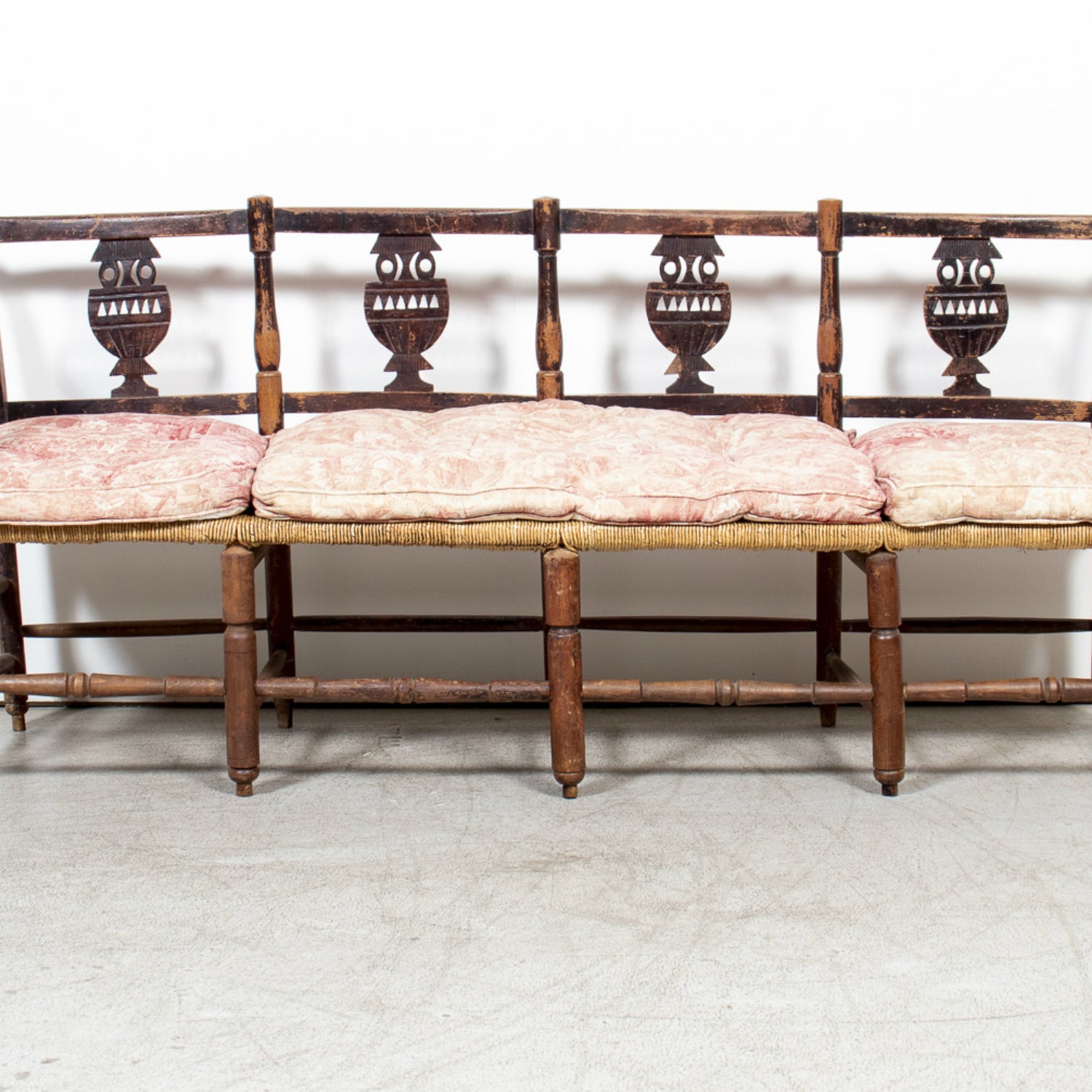 Late 18th Century French Directoire Period Carved Rush Seat Radassier Bench with Cushions
