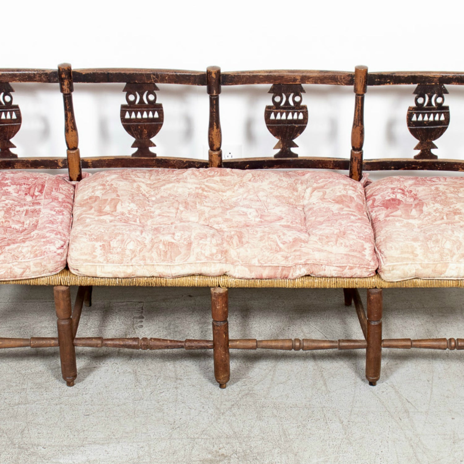 Late 18th Century French Directoire Period Carved Rush Seat Radassier Bench with Cushions