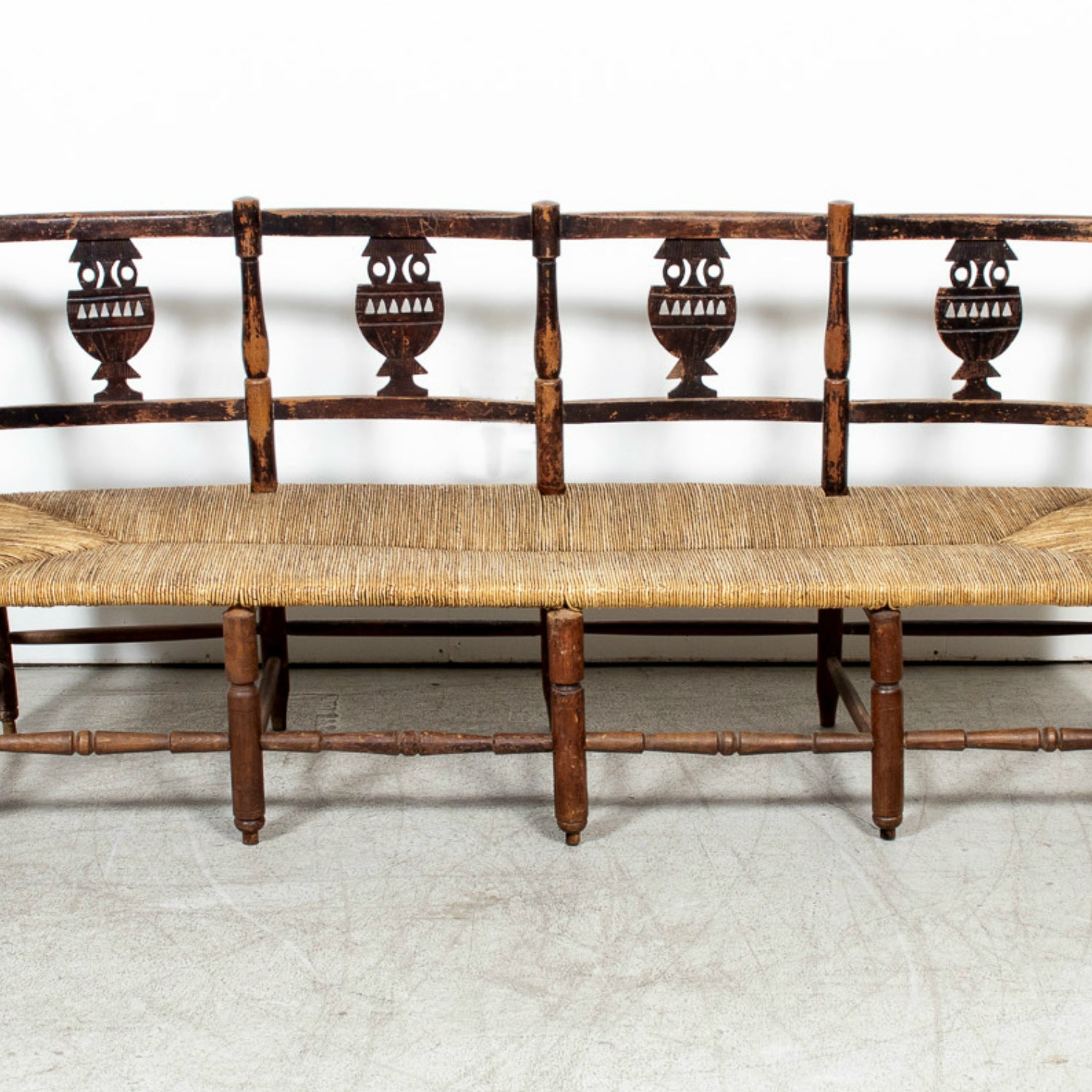 Late 18th Century French Directoire Period Carved Rush Seat Radassier Bench with Cushions