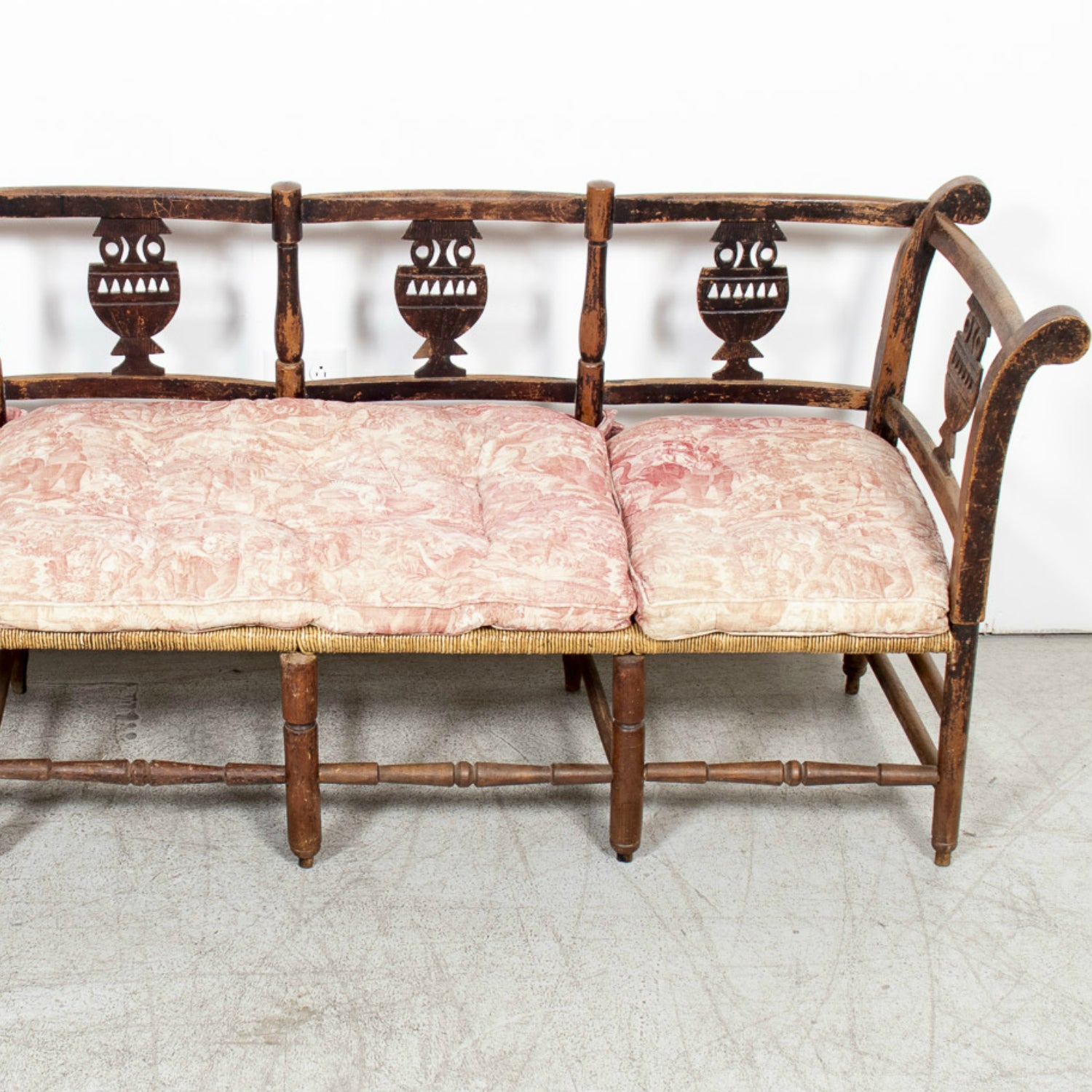 Late 18th Century French Directoire Period Carved Rush Seat Radassier Bench with Cushions