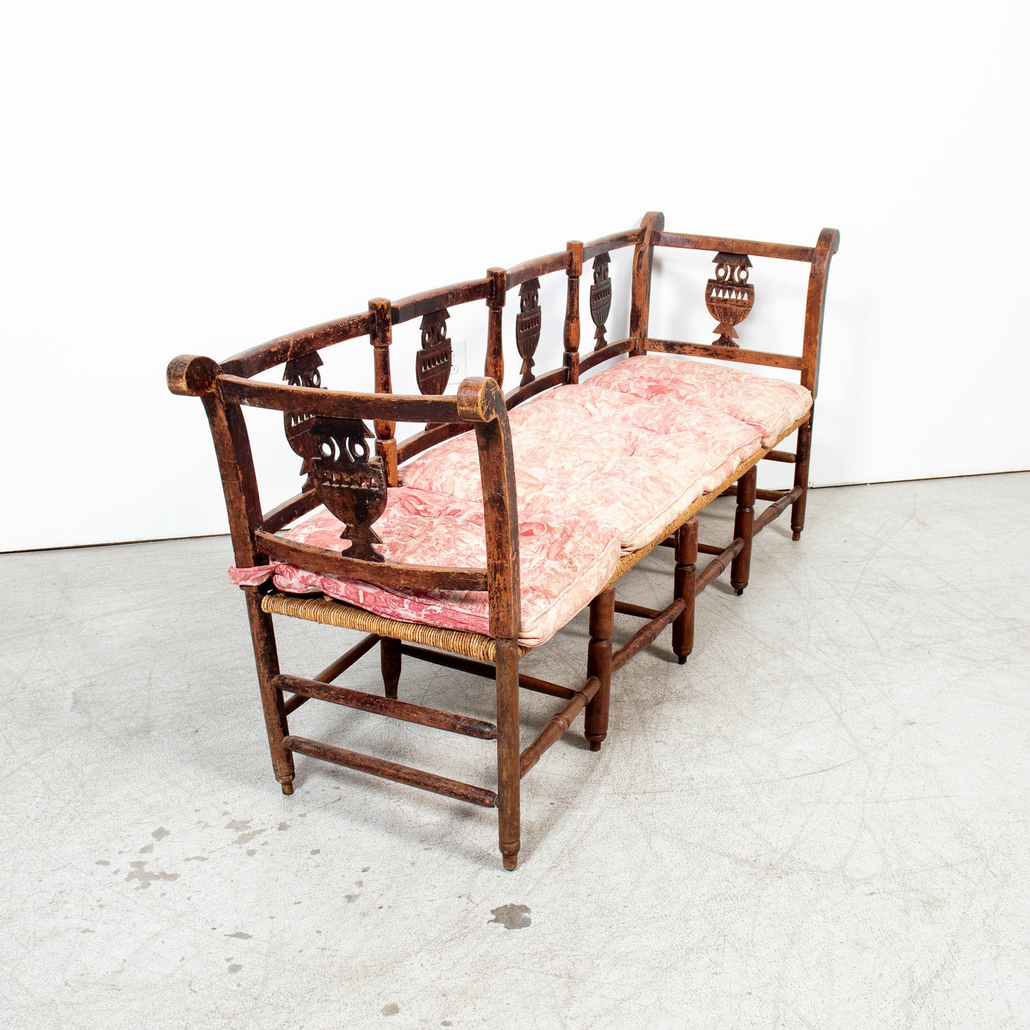 Late 18th Century French Directoire Period Carved Rush Seat Radassier Bench with Cushions