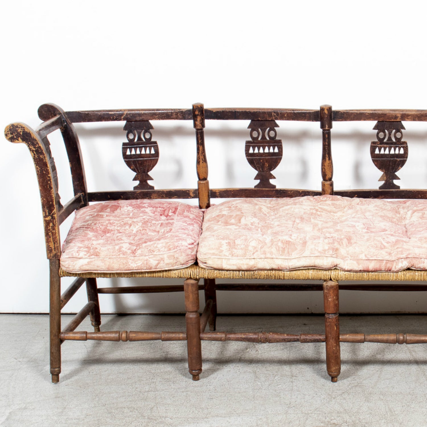 Late 18th Century French Directoire Period Carved Rush Seat Radassier Bench with Cushions