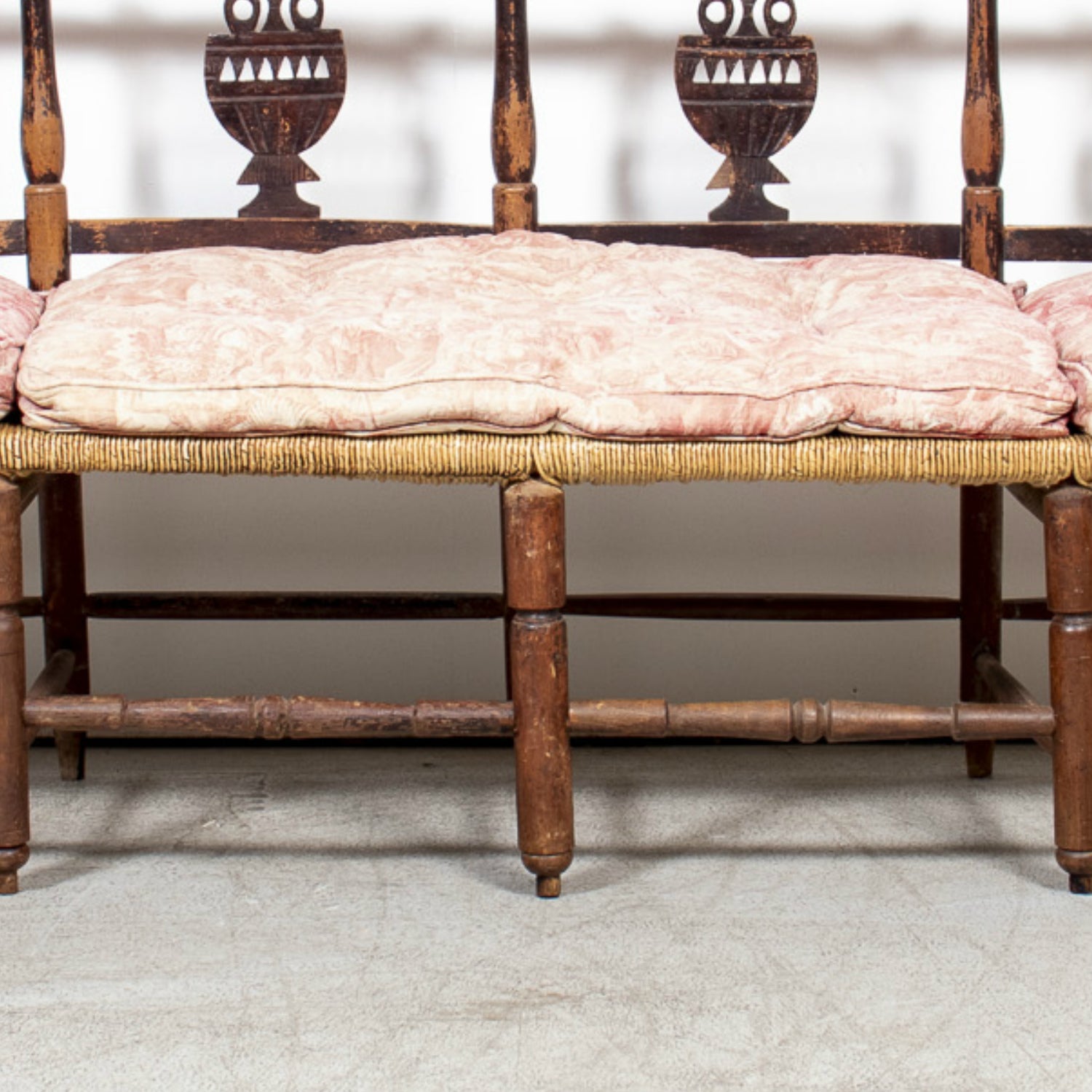 Late 18th Century French Directoire Period Carved Rush Seat Radassier Bench with Cushions