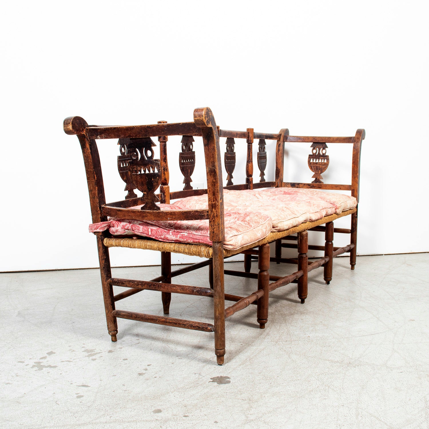 Late 18th Century French Directoire Period Carved Rush Seat Radassier Bench with Cushions