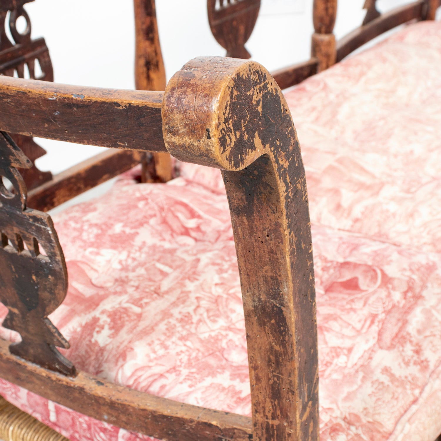 Late 18th Century French Directoire Period Carved Rush Seat Radassier Bench with Cushions