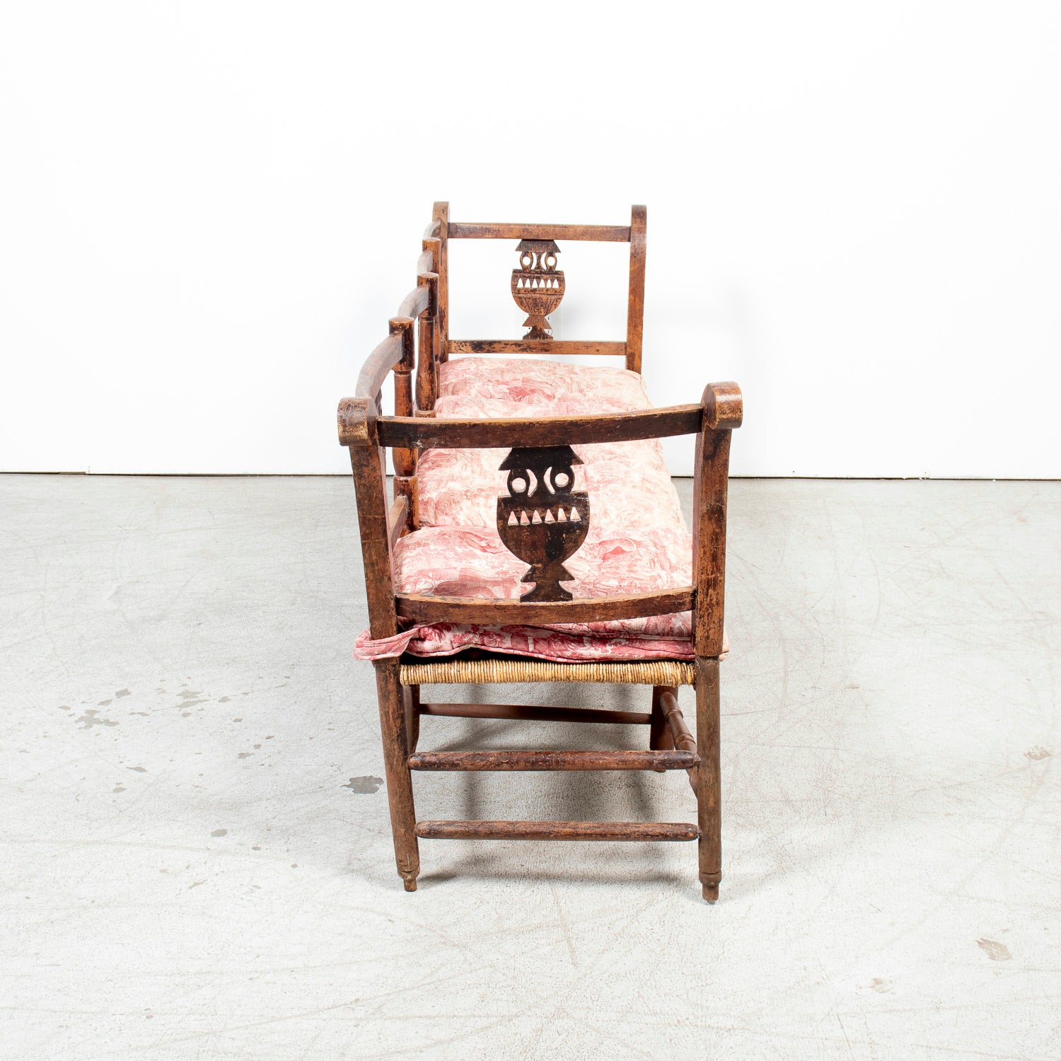 Late 18th Century French Directoire Period Carved Rush Seat Radassier Bench with Cushions