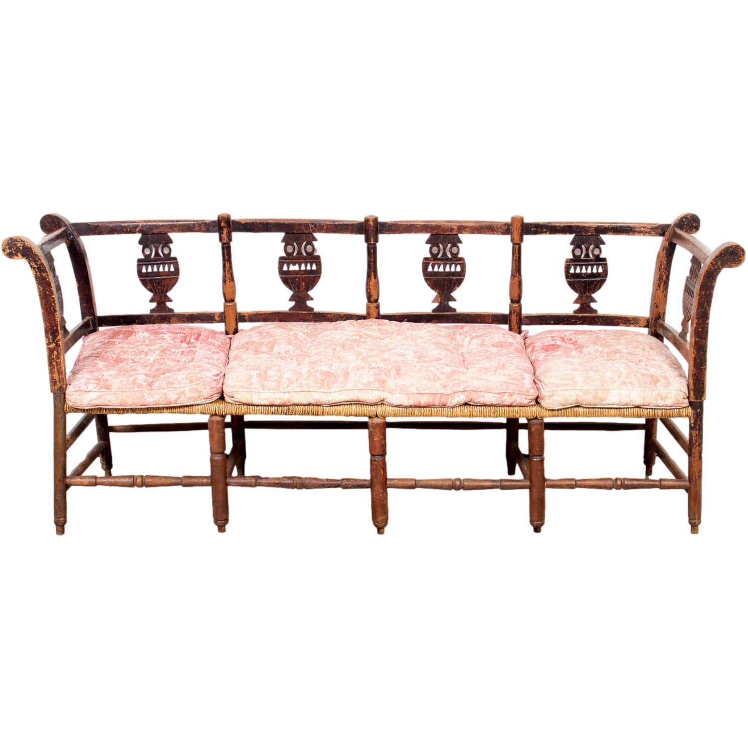 Late 18th Century French Directoire Period Carved Rush Seat Radassier Bench with Cushions