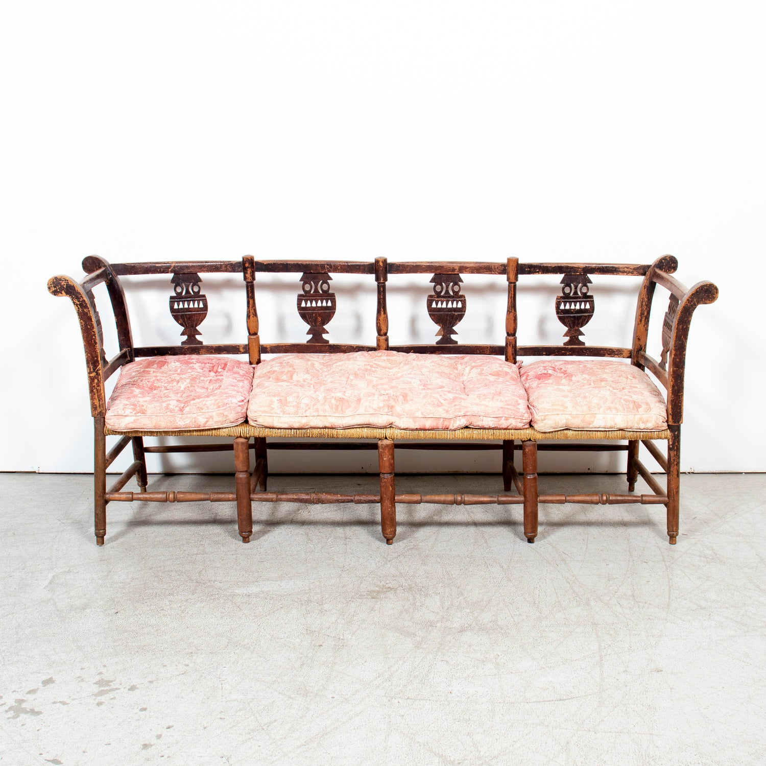 Late 18th Century French Directoire Period Carved Rush Seat Radassier Bench with Cushions