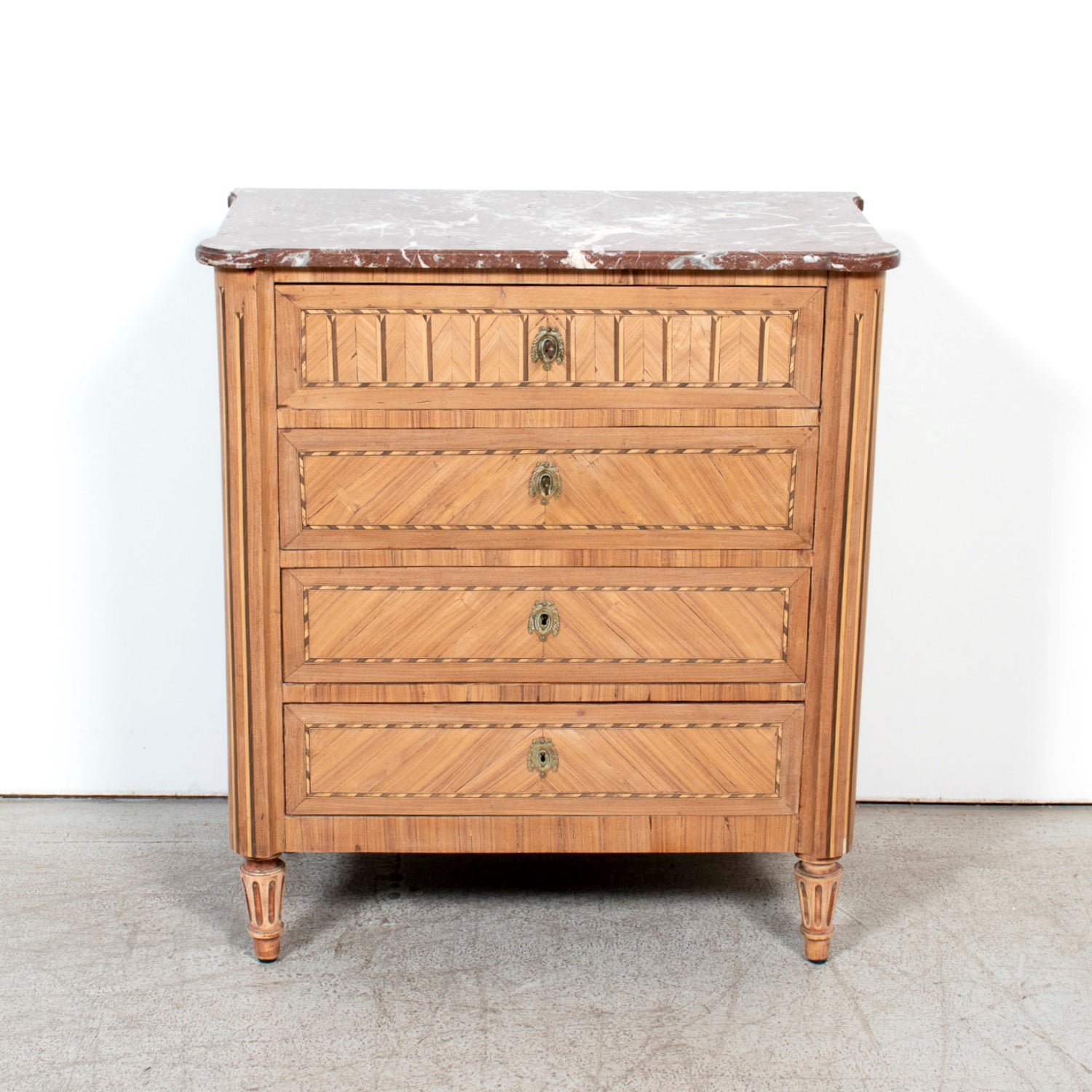19th Century French Louis XVI Style Bleached Walnut Petite Commode with Fruitwood Marquetry and Marble Top
