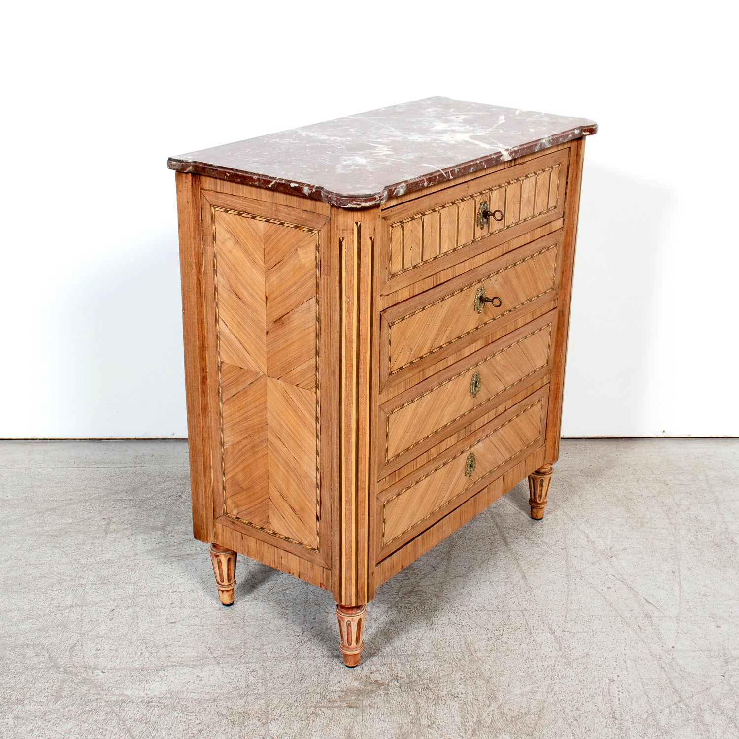 19th Century French Louis XVI Style Bleached Walnut Petite Commode with Fruitwood Marquetry and Marble Top