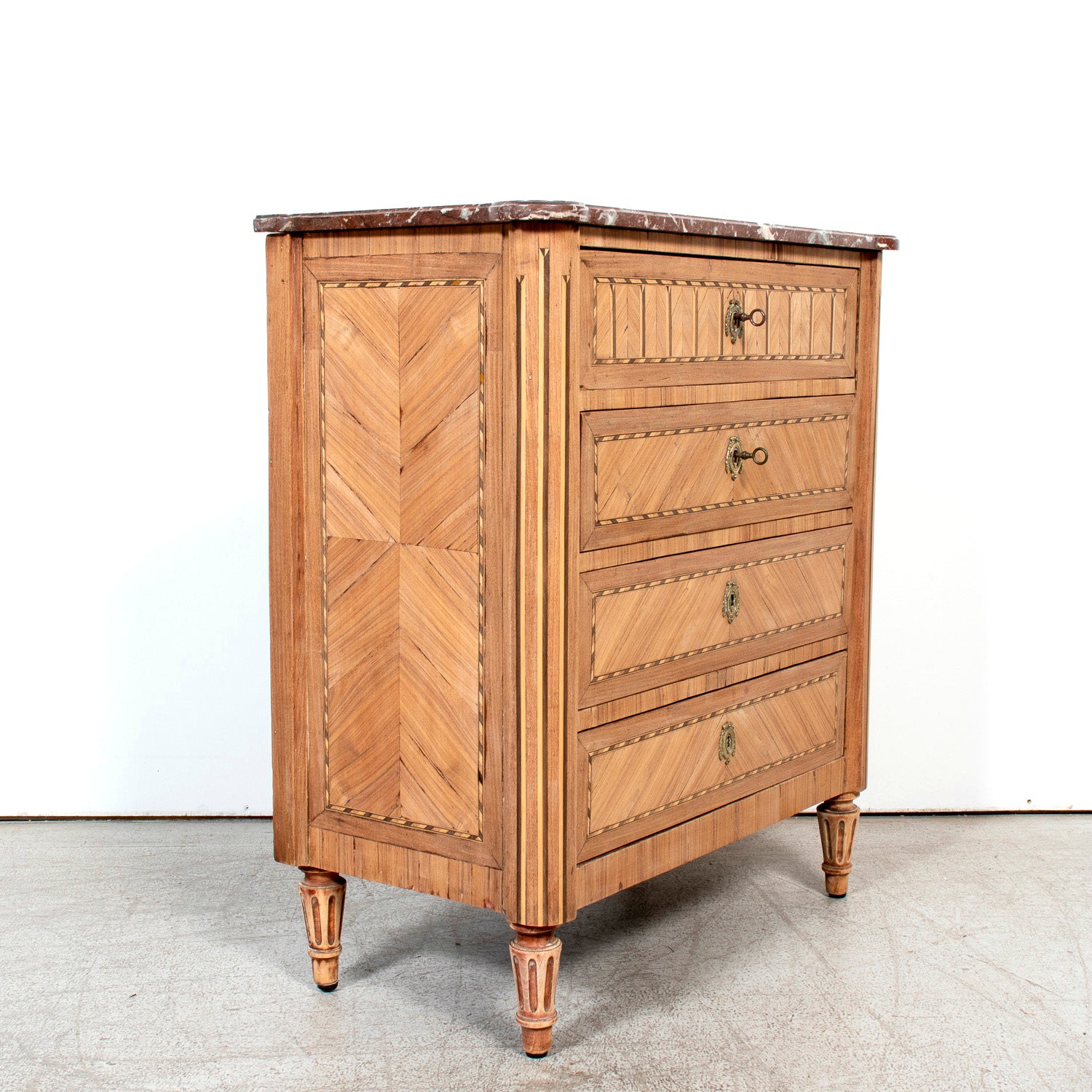 19th Century French Louis XVI Style Bleached Walnut Petite Commode with Fruitwood Marquetry and Marble Top