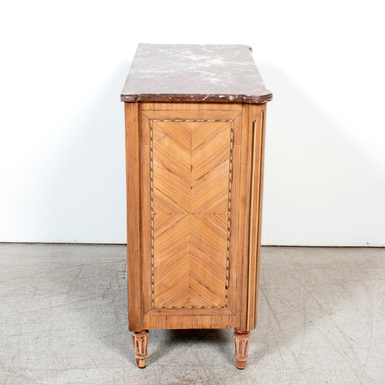 19th Century French Louis XVI Style Bleached Walnut Petite Commode with Fruitwood Marquetry and Marble Top