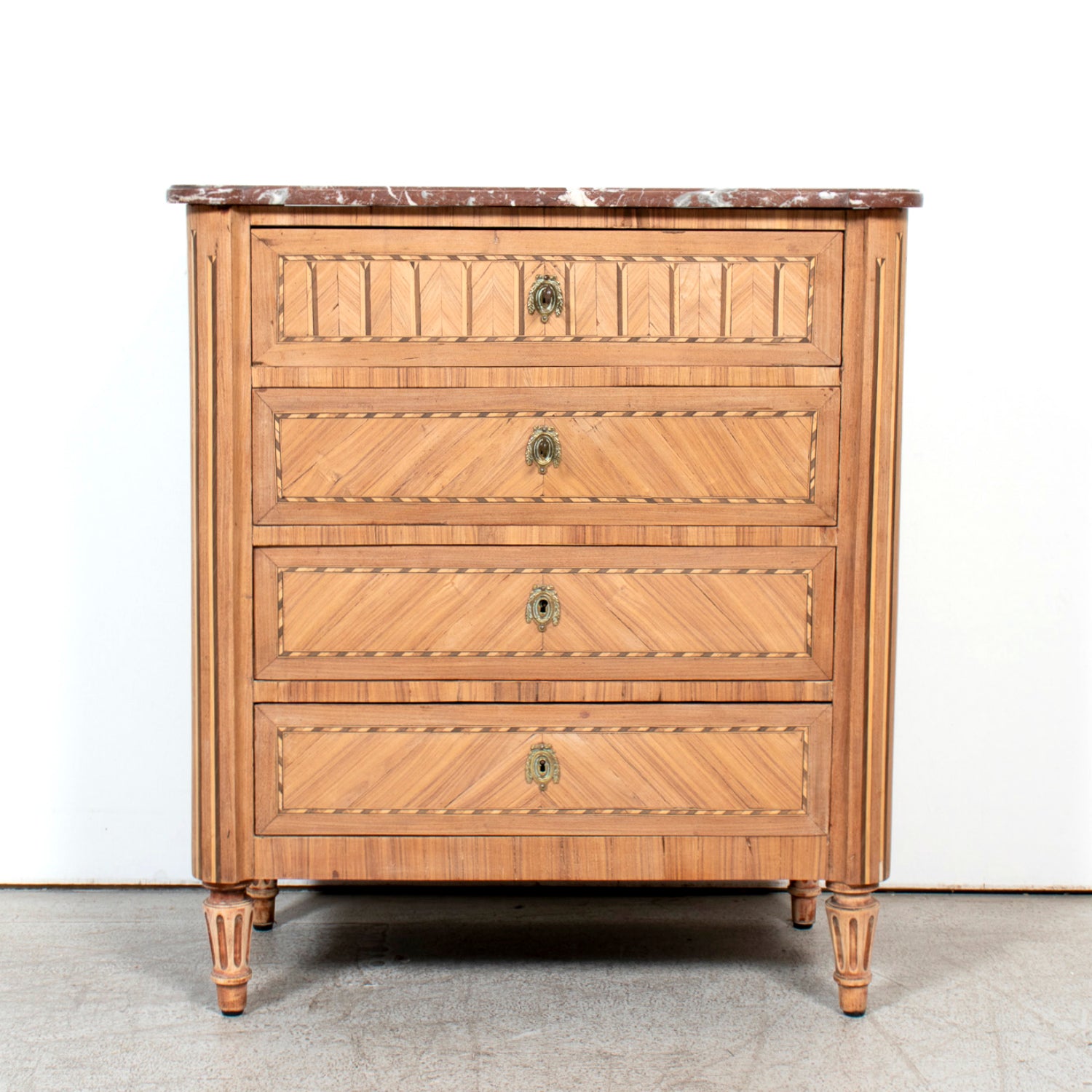 19th Century French Louis XVI Style Bleached Walnut Petite Commode with Fruitwood Marquetry and Marble Top