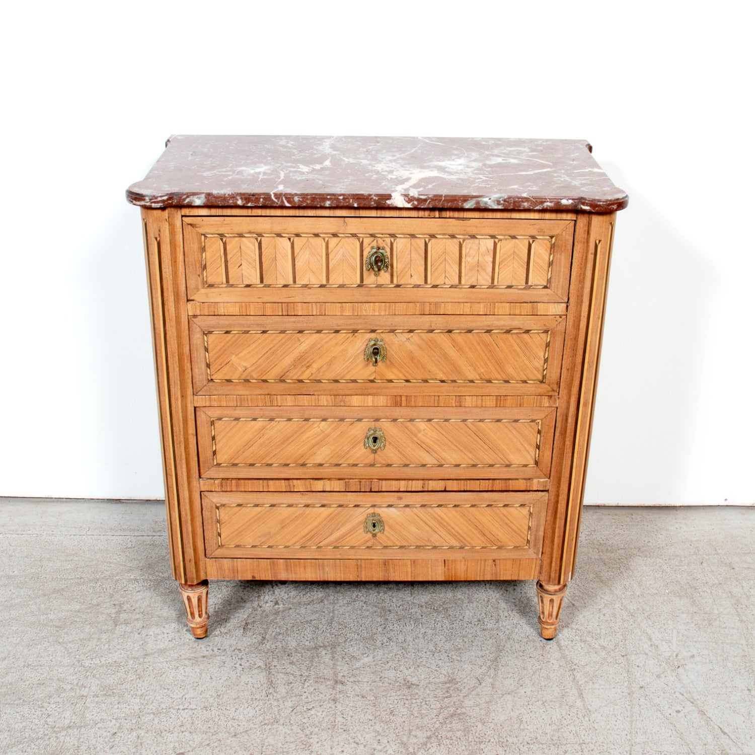 19th Century French Louis XVI Style Bleached Walnut Petite Commode with Fruitwood Marquetry and Marble Top