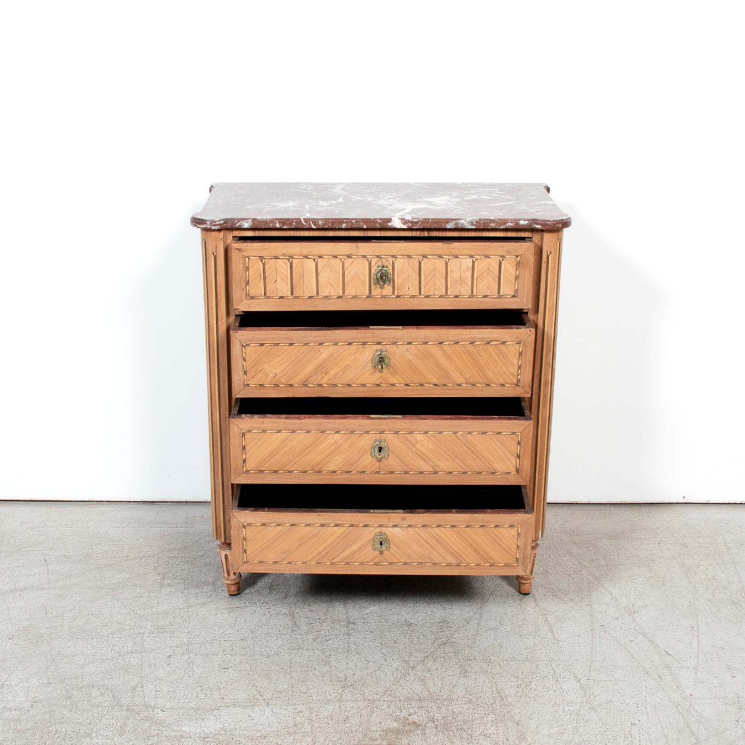 19th Century French Louis XVI Style Bleached Walnut Petite Commode with Fruitwood Marquetry and Marble Top