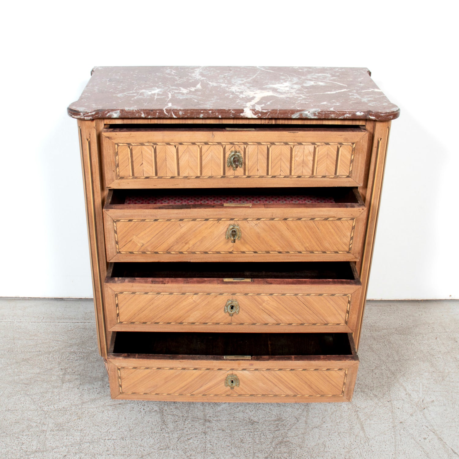 19th Century French Louis XVI Style Bleached Walnut Petite Commode with Fruitwood Marquetry and Marble Top
