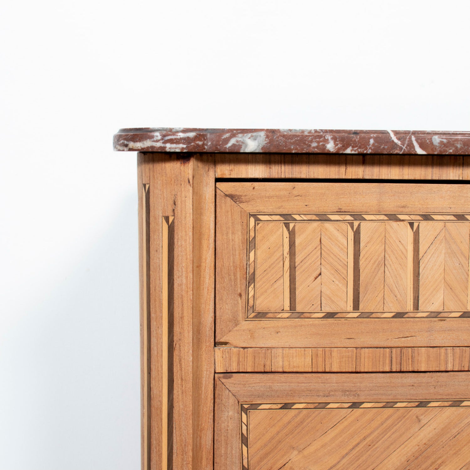 19th Century French Louis XVI Style Bleached Walnut Petite Commode with Fruitwood Marquetry and Marble Top