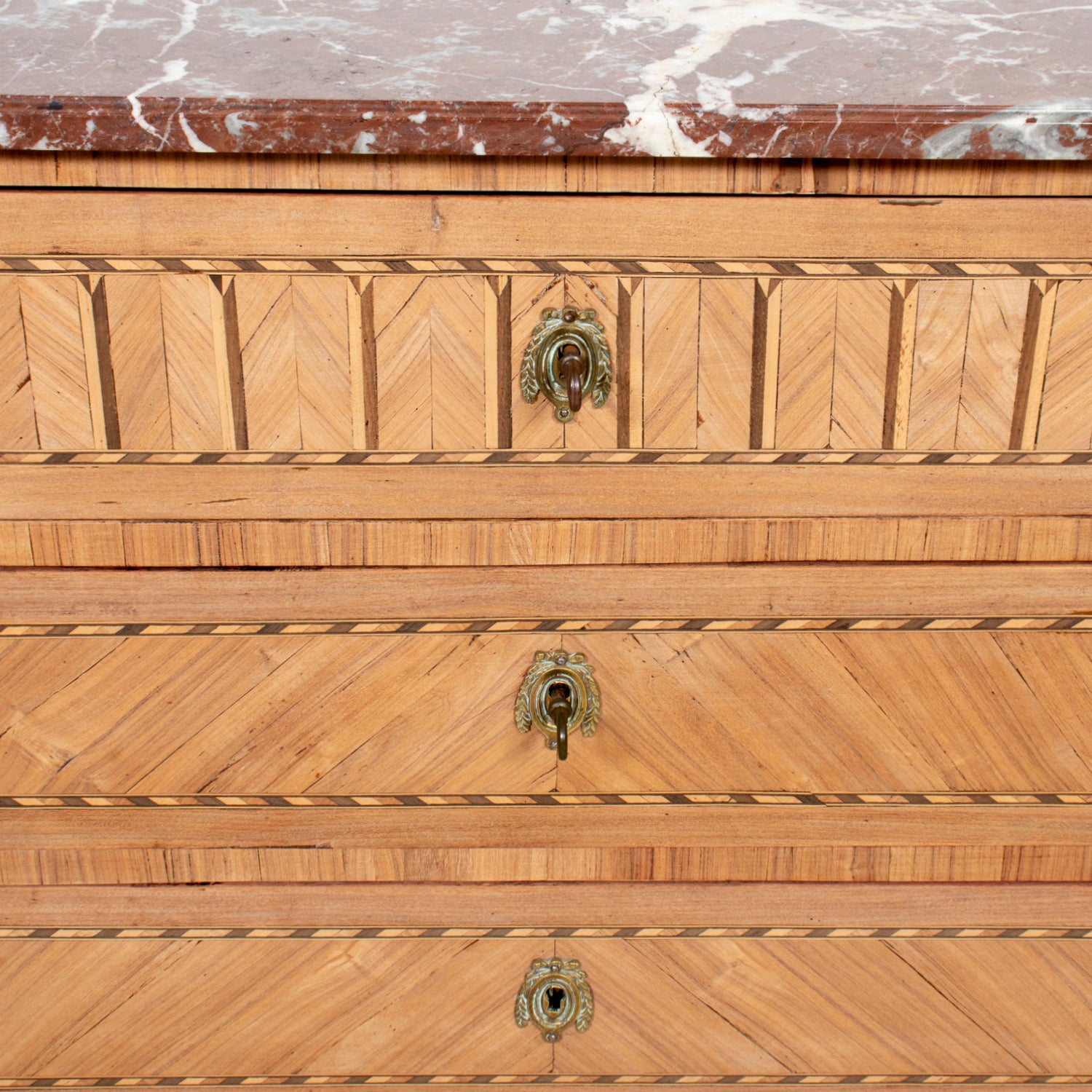 19th Century French Louis XVI Style Bleached Walnut Petite Commode with Fruitwood Marquetry and Marble Top