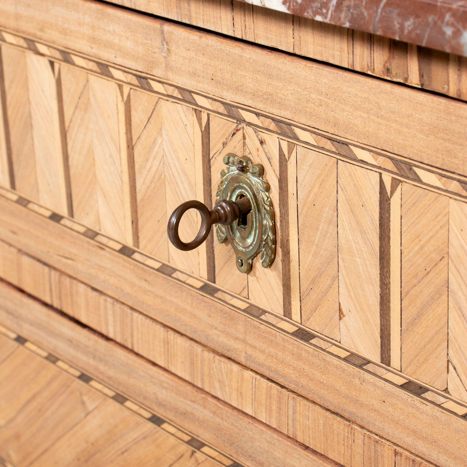 19th Century French Louis XVI Style Bleached Walnut Petite Commode with Fruitwood Marquetry and Marble Top