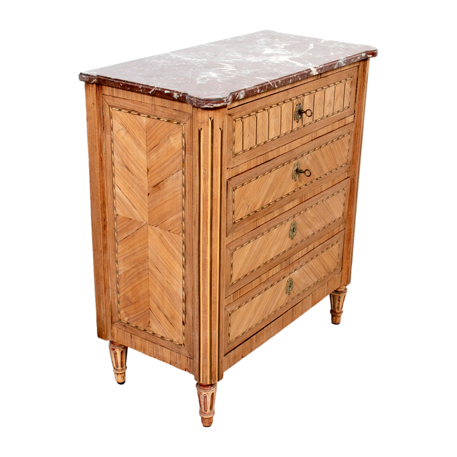 19th Century French Louis XVI Style Bleached Walnut Petite Commode with Fruitwood Marquetry and Marble Top