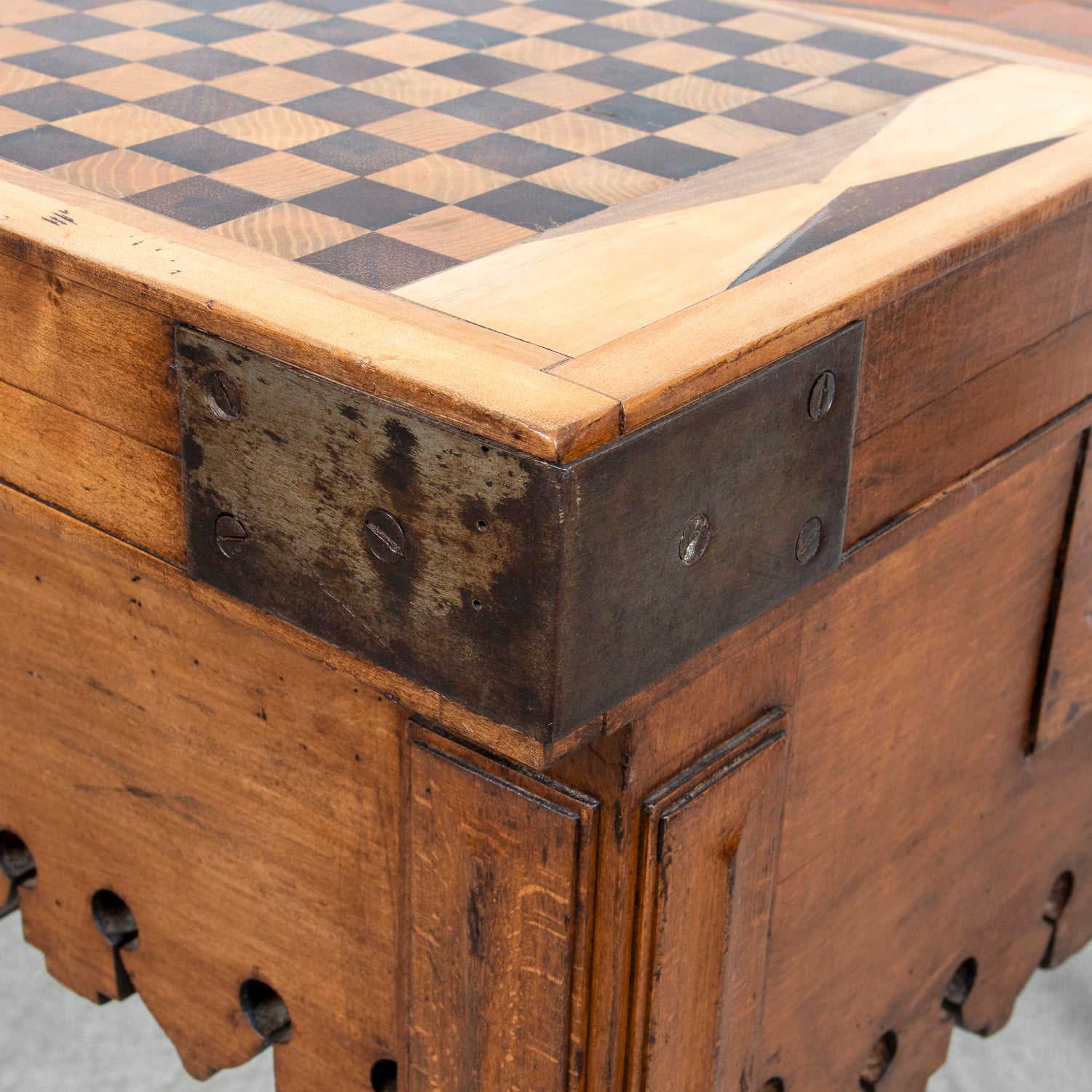 Rare 19th Century French Walnut Billot de Bucher or Butcher Block with Inlaid Trictrac Game Top