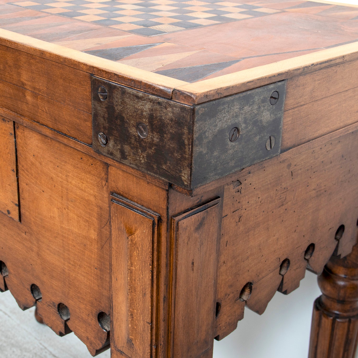 Rare 19th Century French Walnut Billot de Bucher or Butcher Block with Inlaid Trictrac Game Top