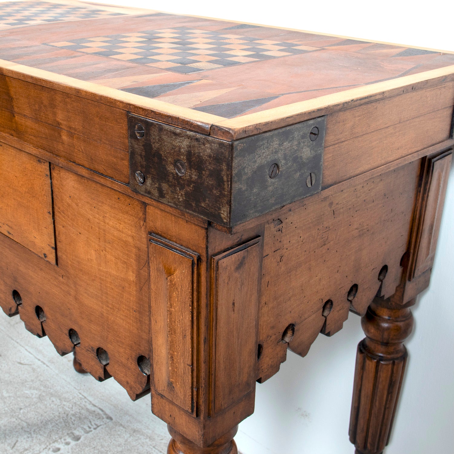 Rare 19th Century French Walnut Billot de Bucher or Butcher Block with Inlaid Trictrac Game Top