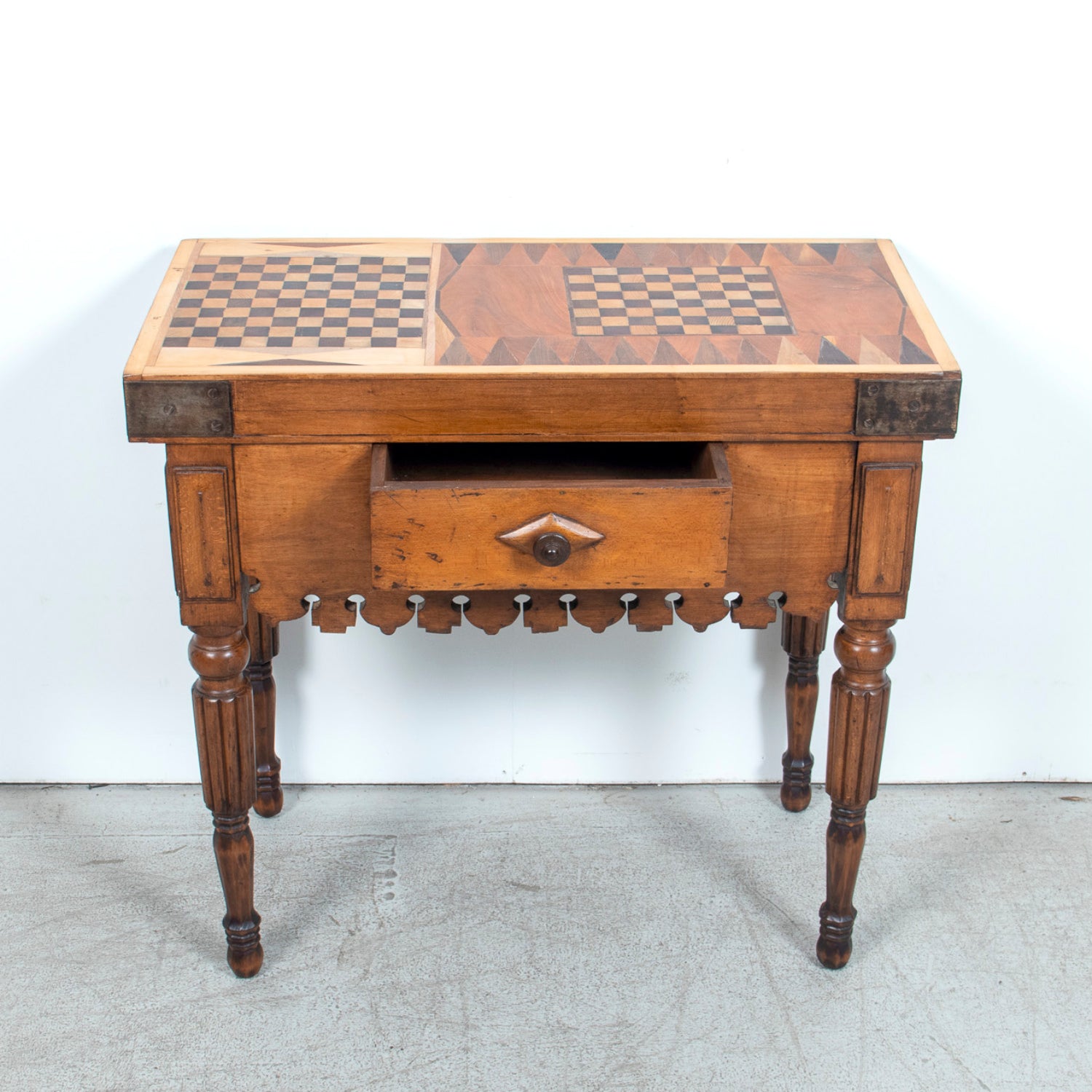 Rare 19th Century French Walnut Billot de Bucher or Butcher Block with Inlaid Trictrac Game Top