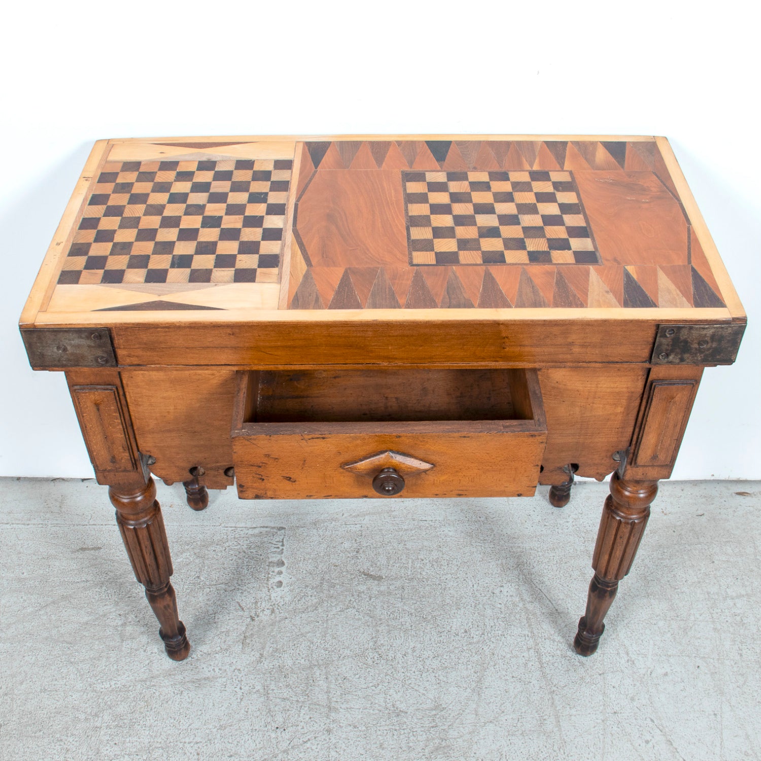 Rare 19th Century French Walnut Billot de Bucher or Butcher Block with Inlaid Trictrac Game Top