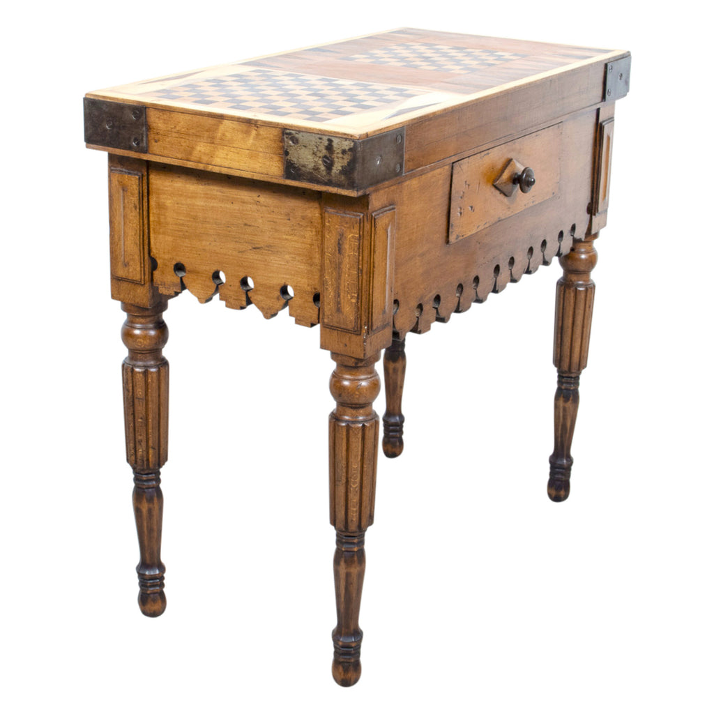 Rare 19th Century French Walnut Billot de Bucher or Butcher Block with Inlaid Trictrac Game Top