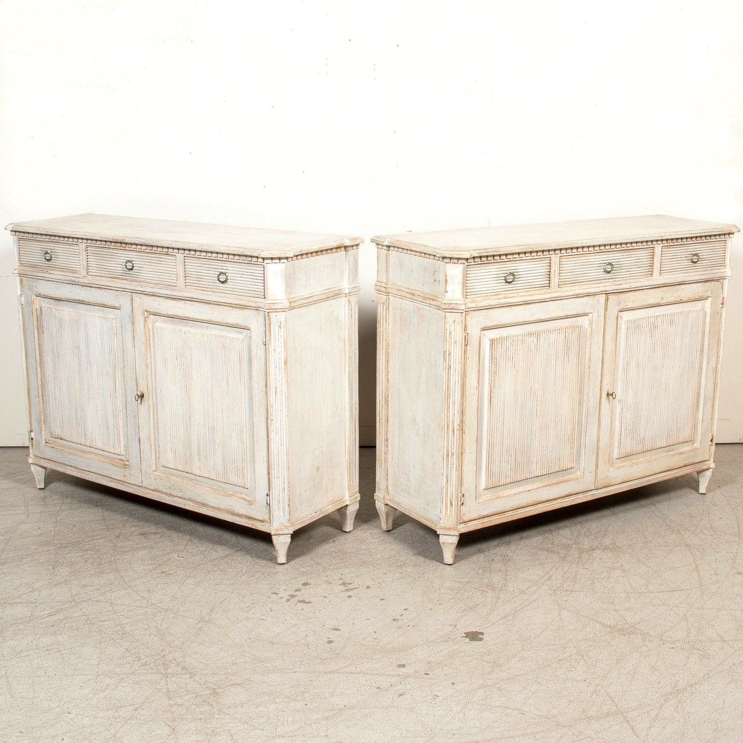 Pair of Handcrafted Gustavian Style Painted Buffets with Reeded Fronts