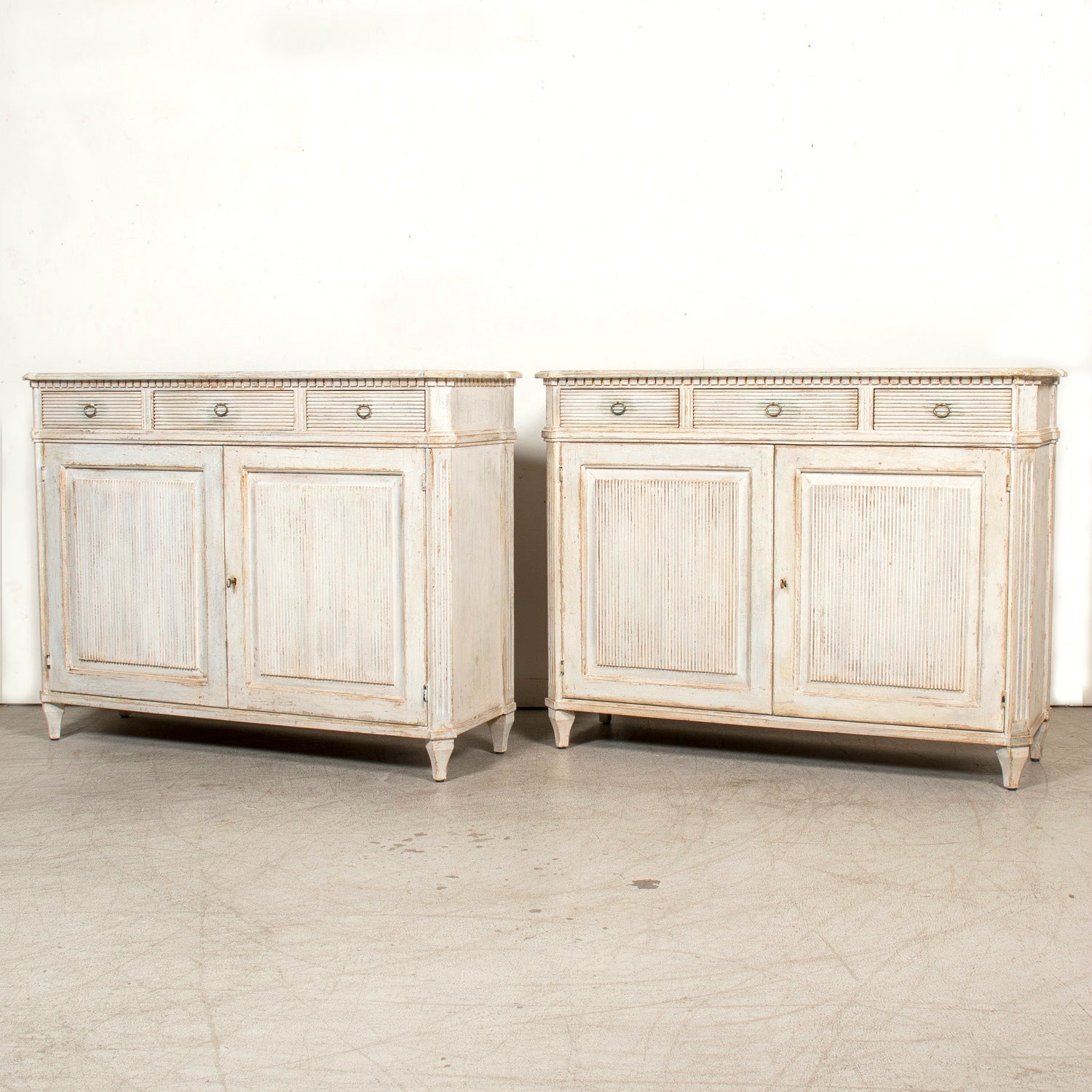 Pair of Handcrafted Gustavian Style Painted Buffets with Reeded Fronts