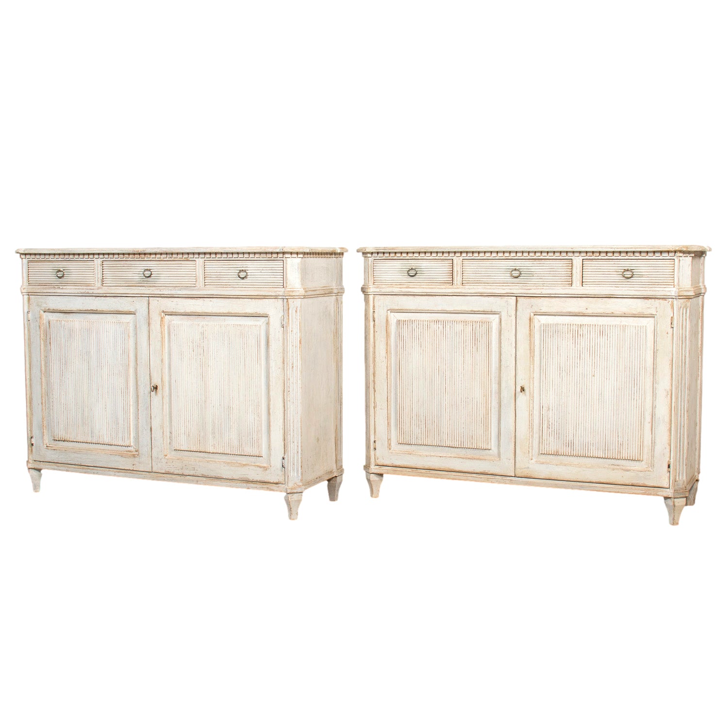 Pair of Handcrafted Gustavian Style Painted Buffets with Reeded Fronts