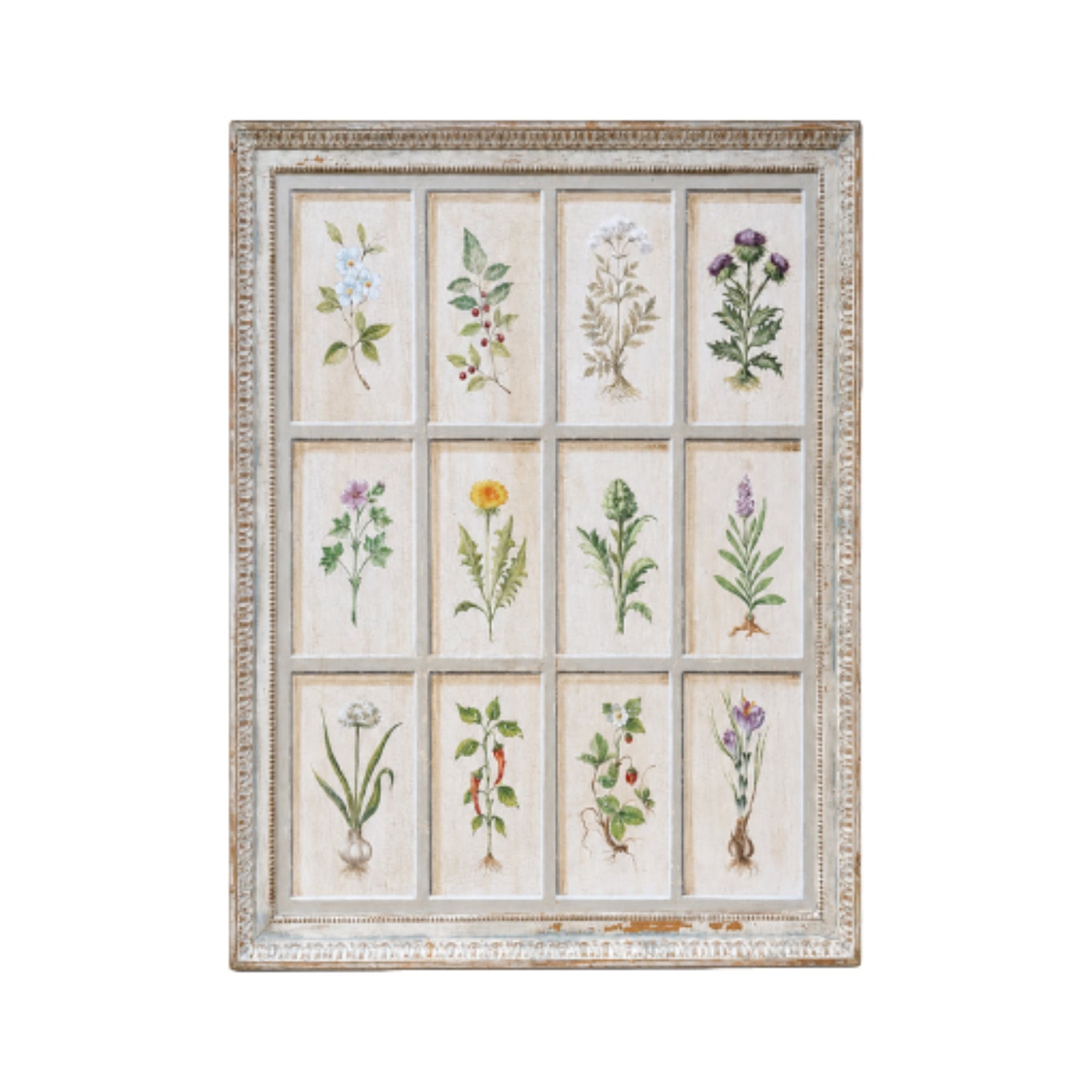 Italian Hand-Painted Botanical Floral Panel in Distressed Windowpane Frame