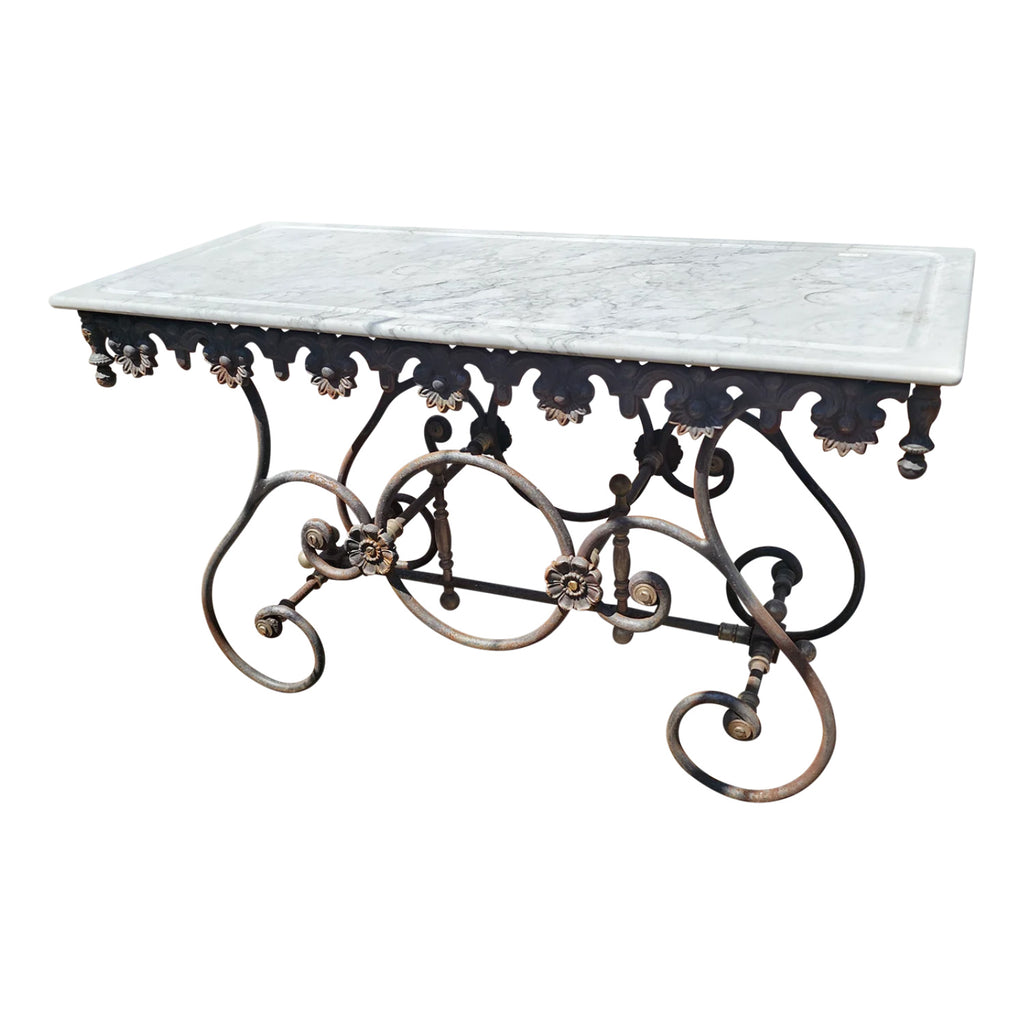 Large 19th Century French Pastry Table or Butcher Table with Wrought Iron Base and Marble Top
