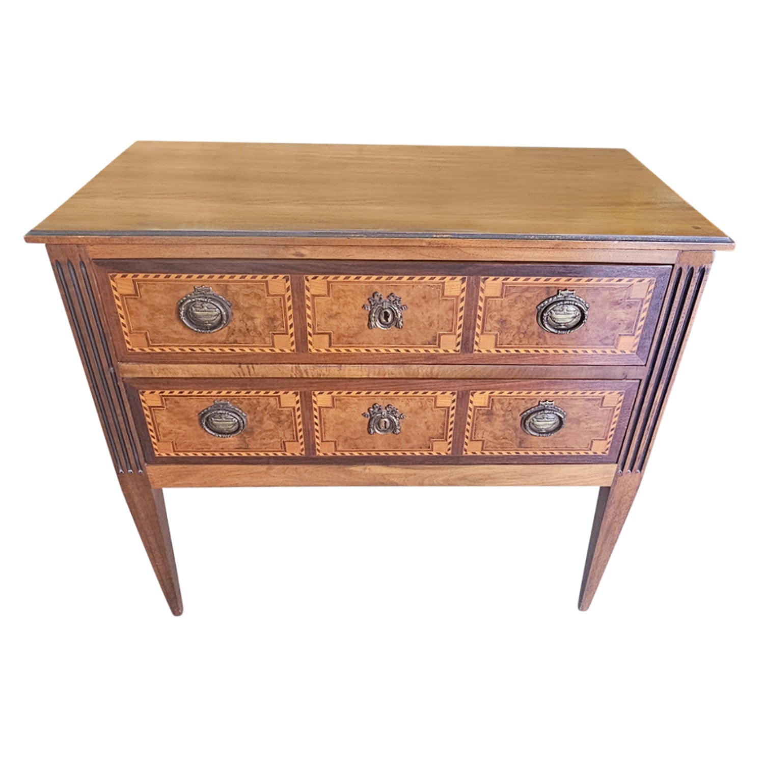 Late 19th Century French Louis XVI Walnut Commode Sauteuse with Fruitwood Parquetry
