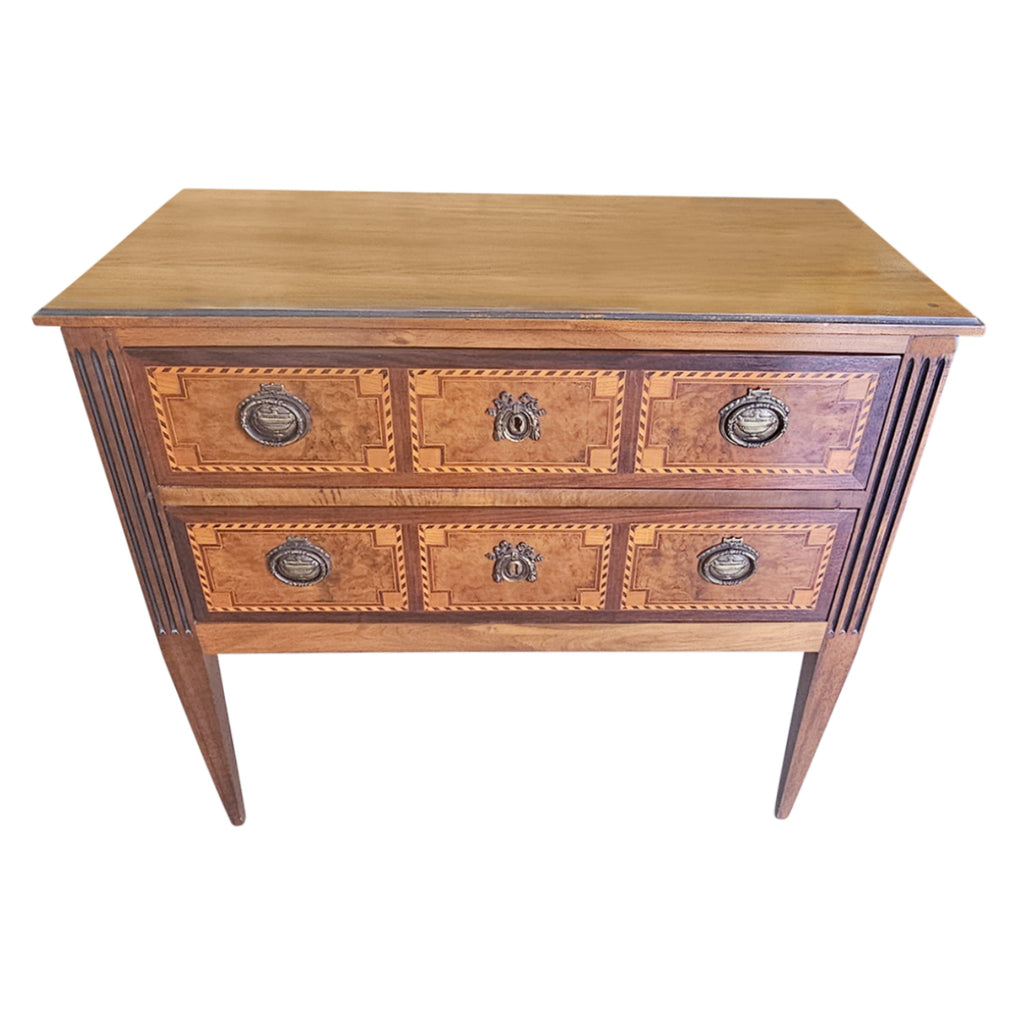 Late 19th Century French Louis XVI Walnut Commode Sauteuse with Fruitwood Parquetry