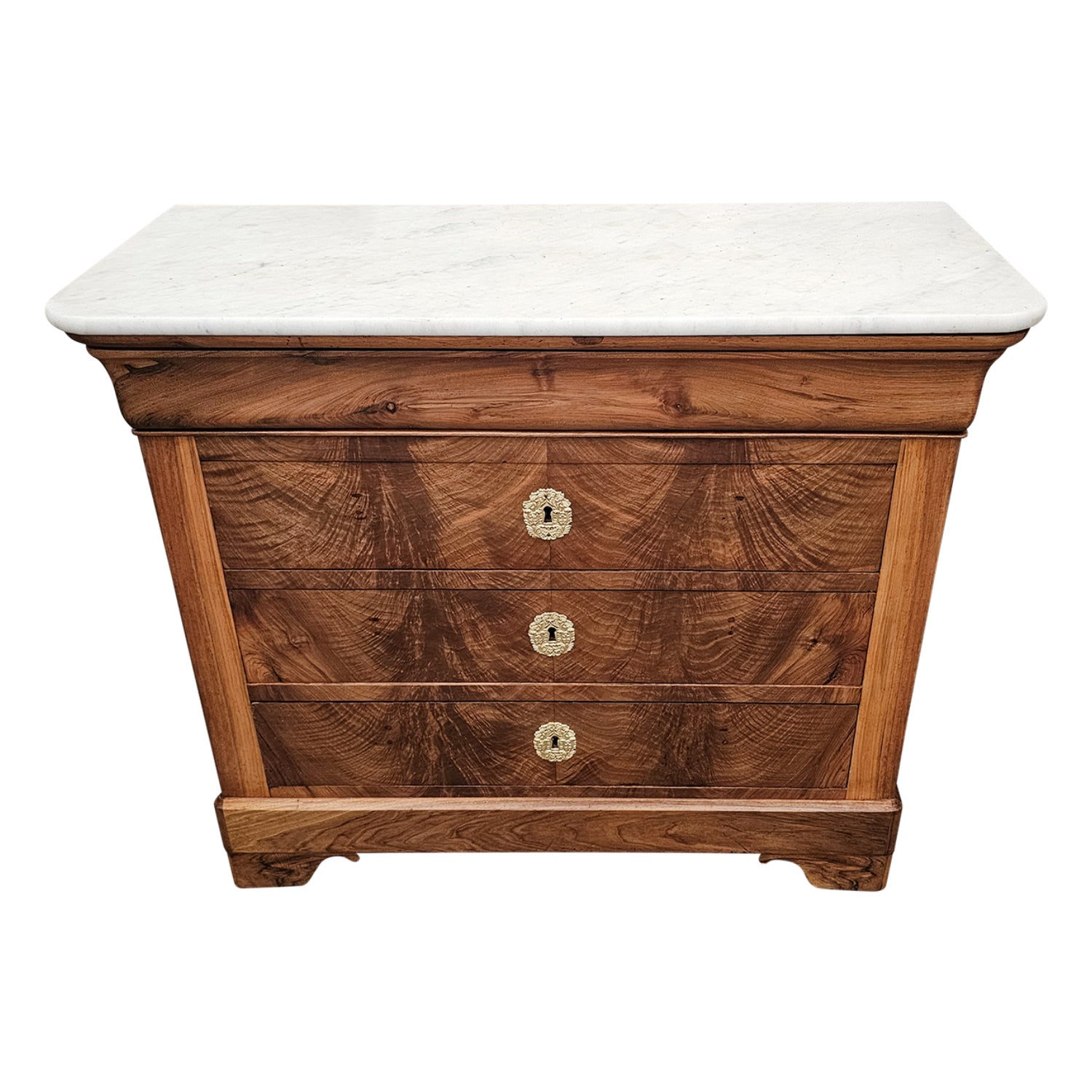 19th Century French Period Louis Philippe Bookmatched Burled Walnut Commode with Carrara Marble Top