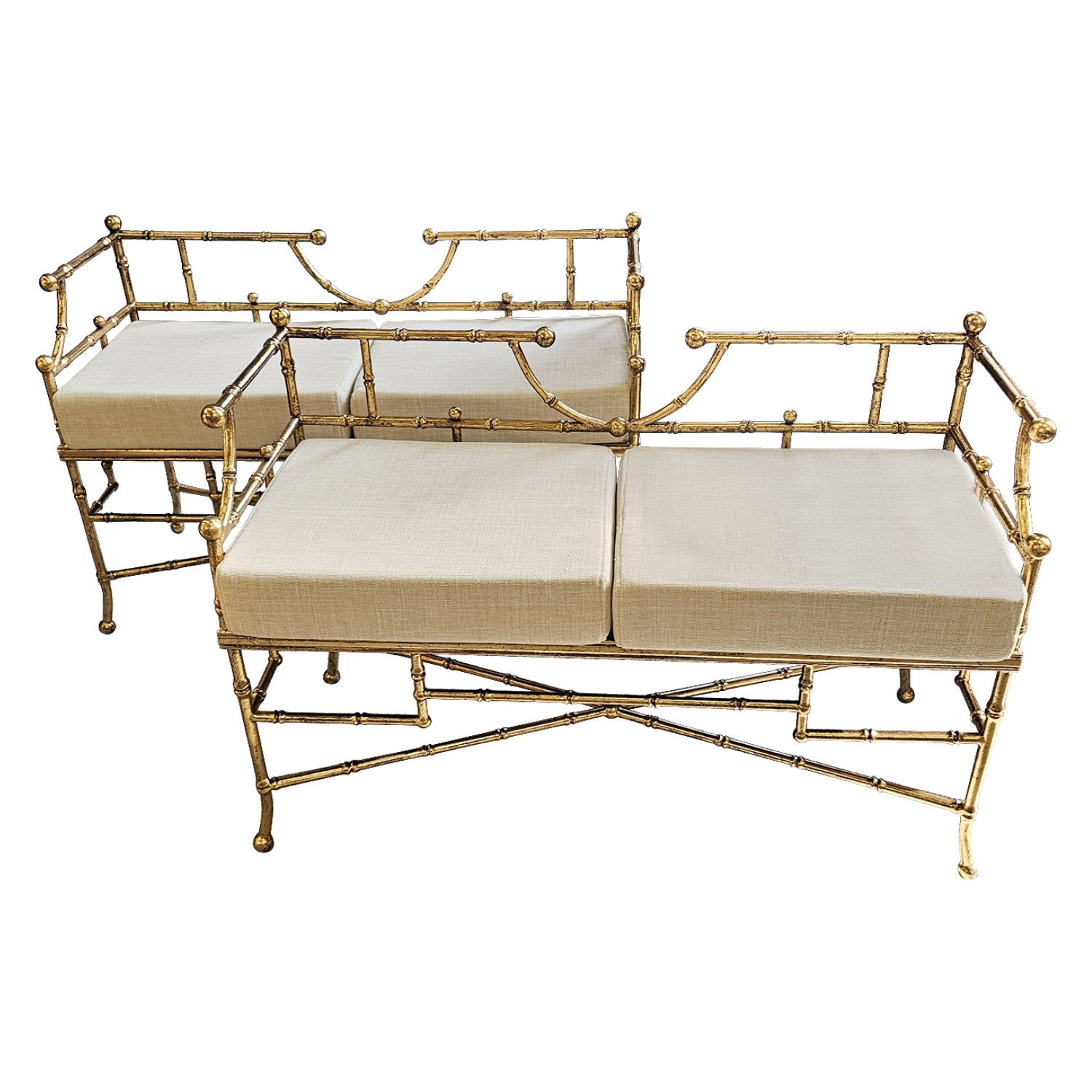 Pair of French Gilded Iron Faux Bamboo Benches in the Style of Maison Baguès