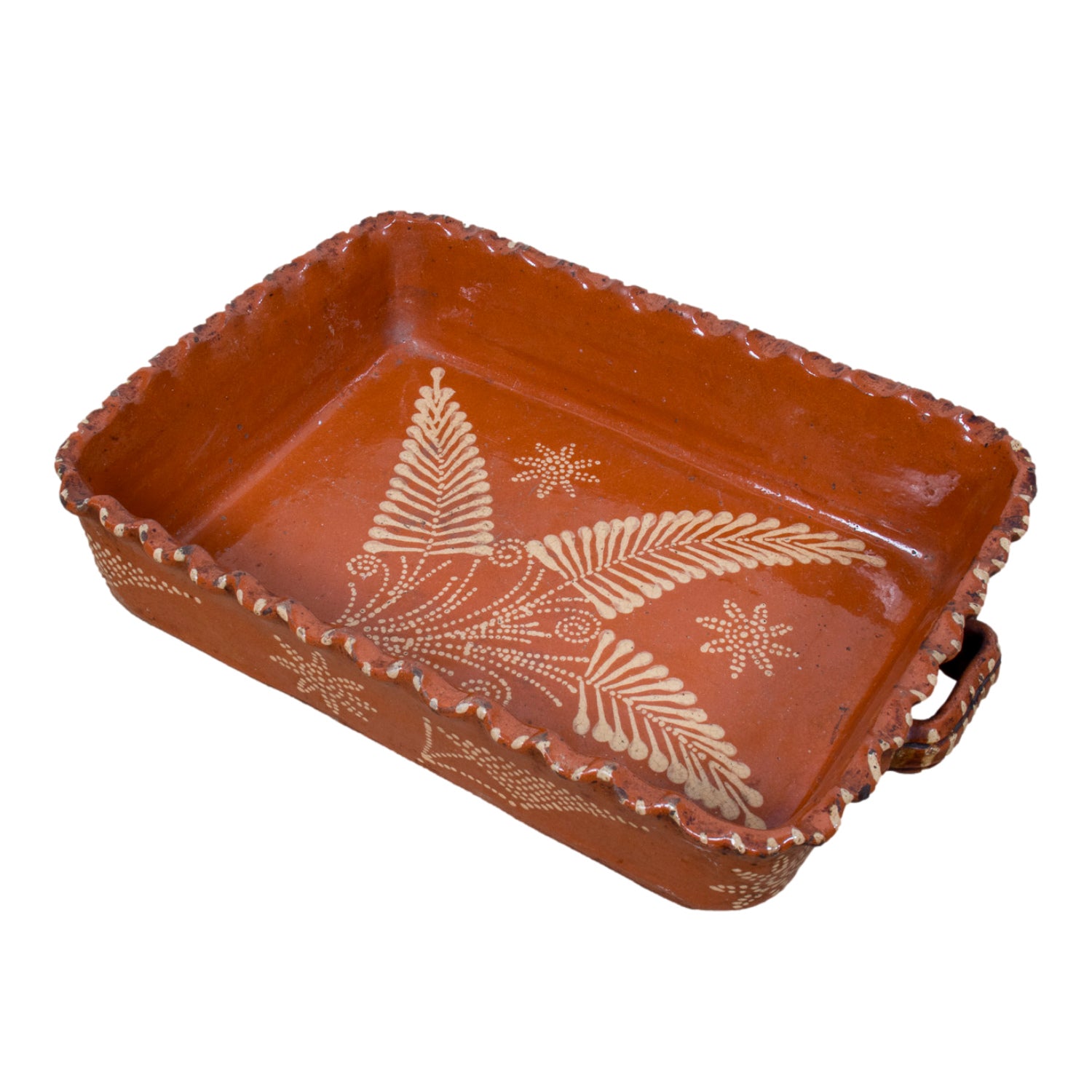 19th Century Portuguese Red Slipware Baking Dish with Fern Leaf Design and Ruffled Edge