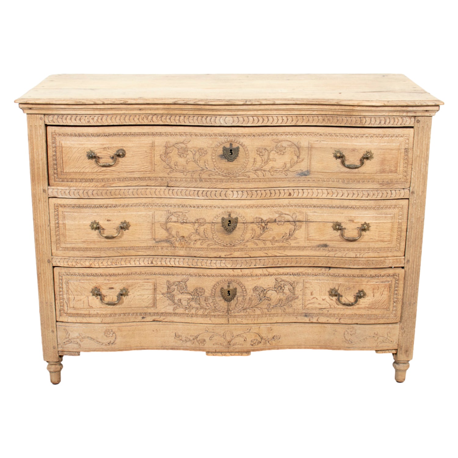 Mid-19th Century French Louis XVI Style Carved Bleached Oak Three-Drawer Serpentine Commode