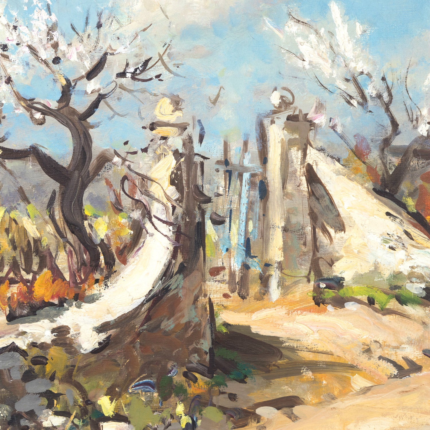 Vintage 20th Century French Impressionist Oil on Canvas Provence Olive Trees Landscape