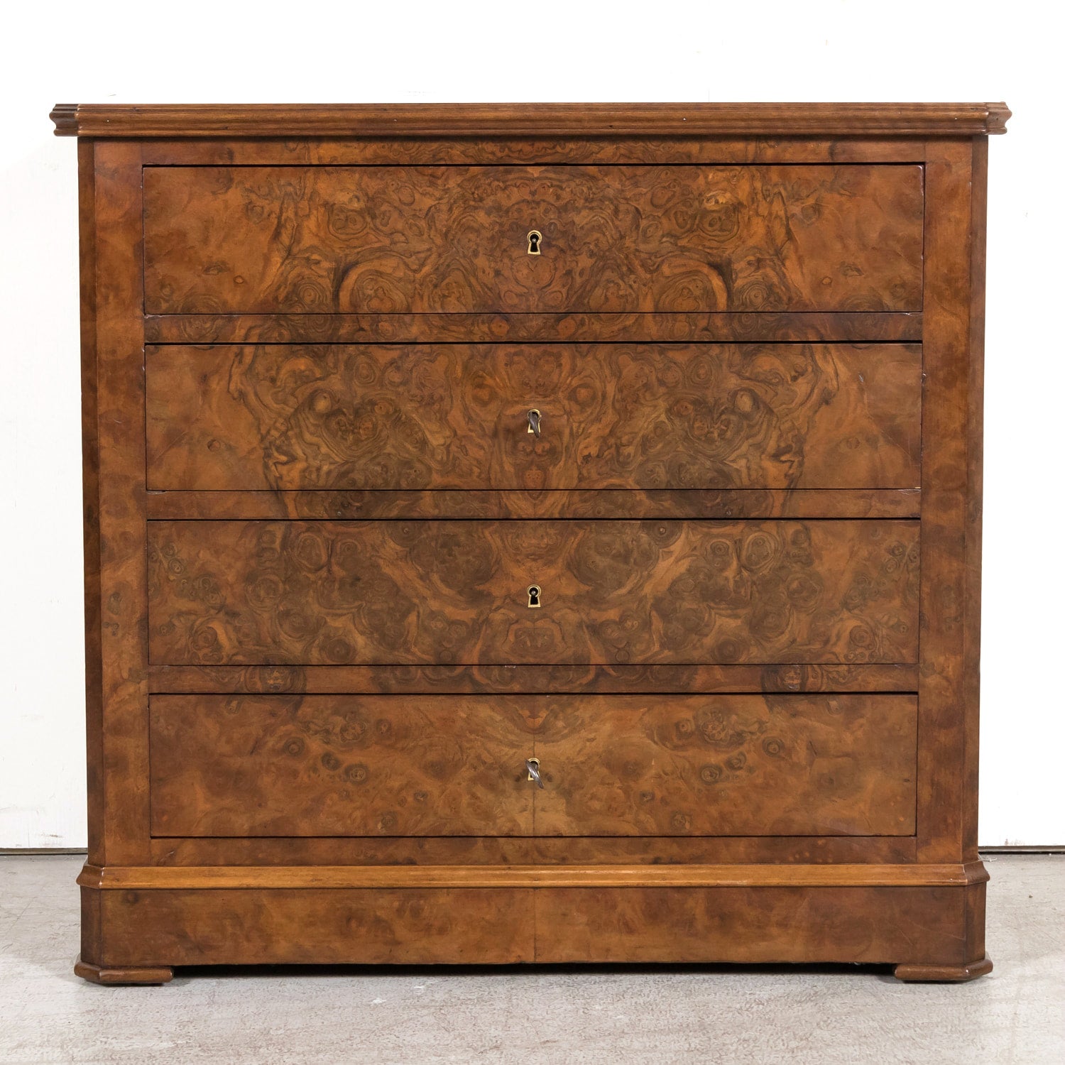 19th Century French Louis Philippe Period Petite Burled Walnut Commode with Inset Marble Top