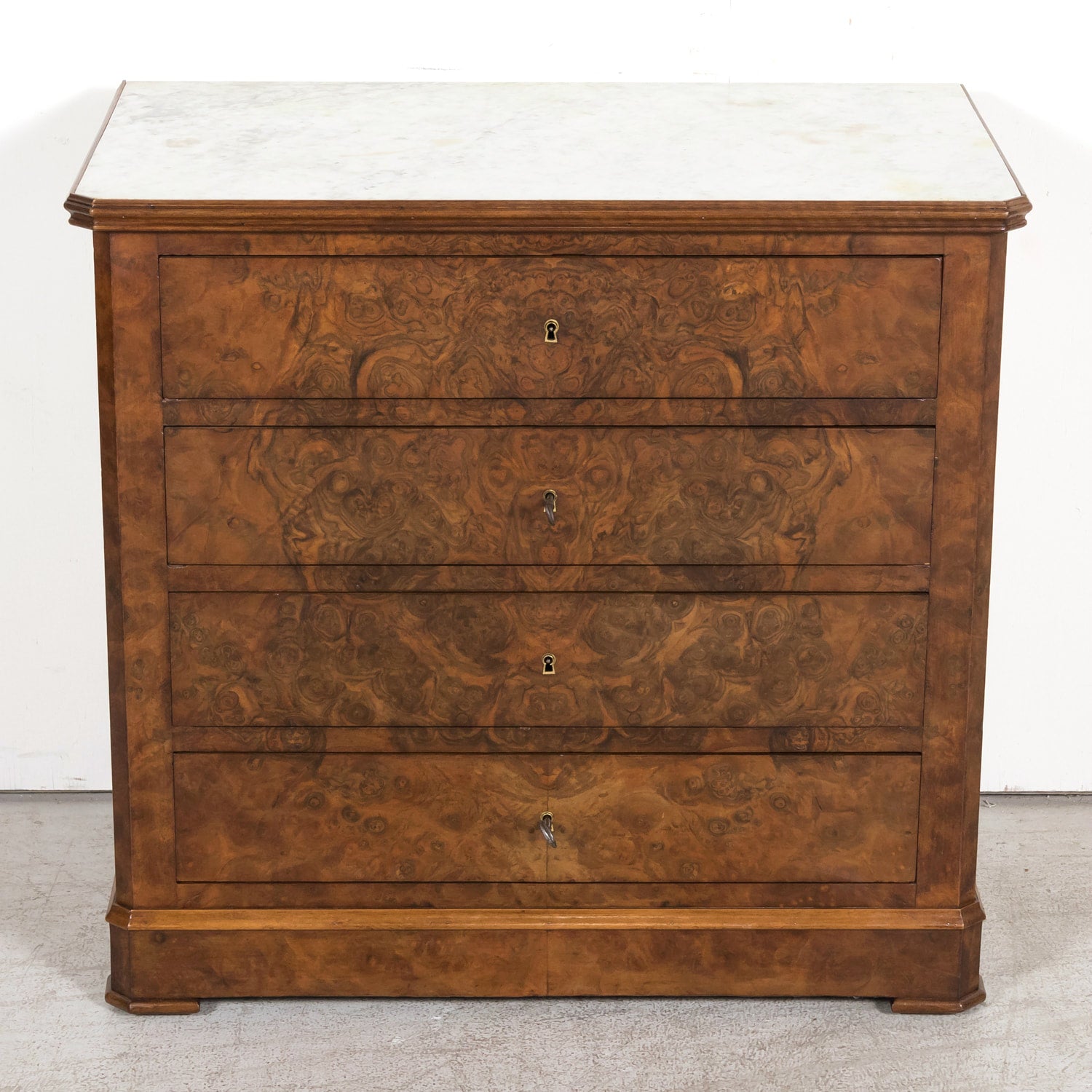 19th Century French Louis Philippe Period Petite Burled Walnut Commode with Inset Marble Top