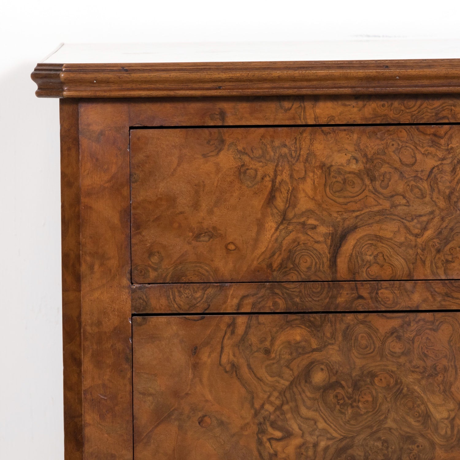 19th Century French Louis Philippe Period Petite Burled Walnut Commode with Inset Marble Top