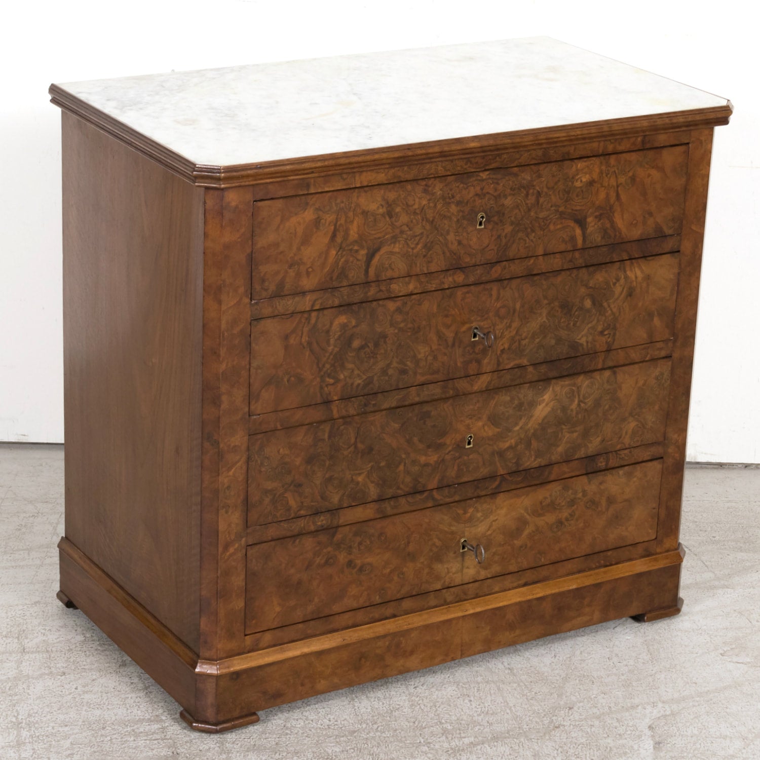 19th Century French Louis Philippe Period Petite Burled Walnut Commode with Inset Marble Top